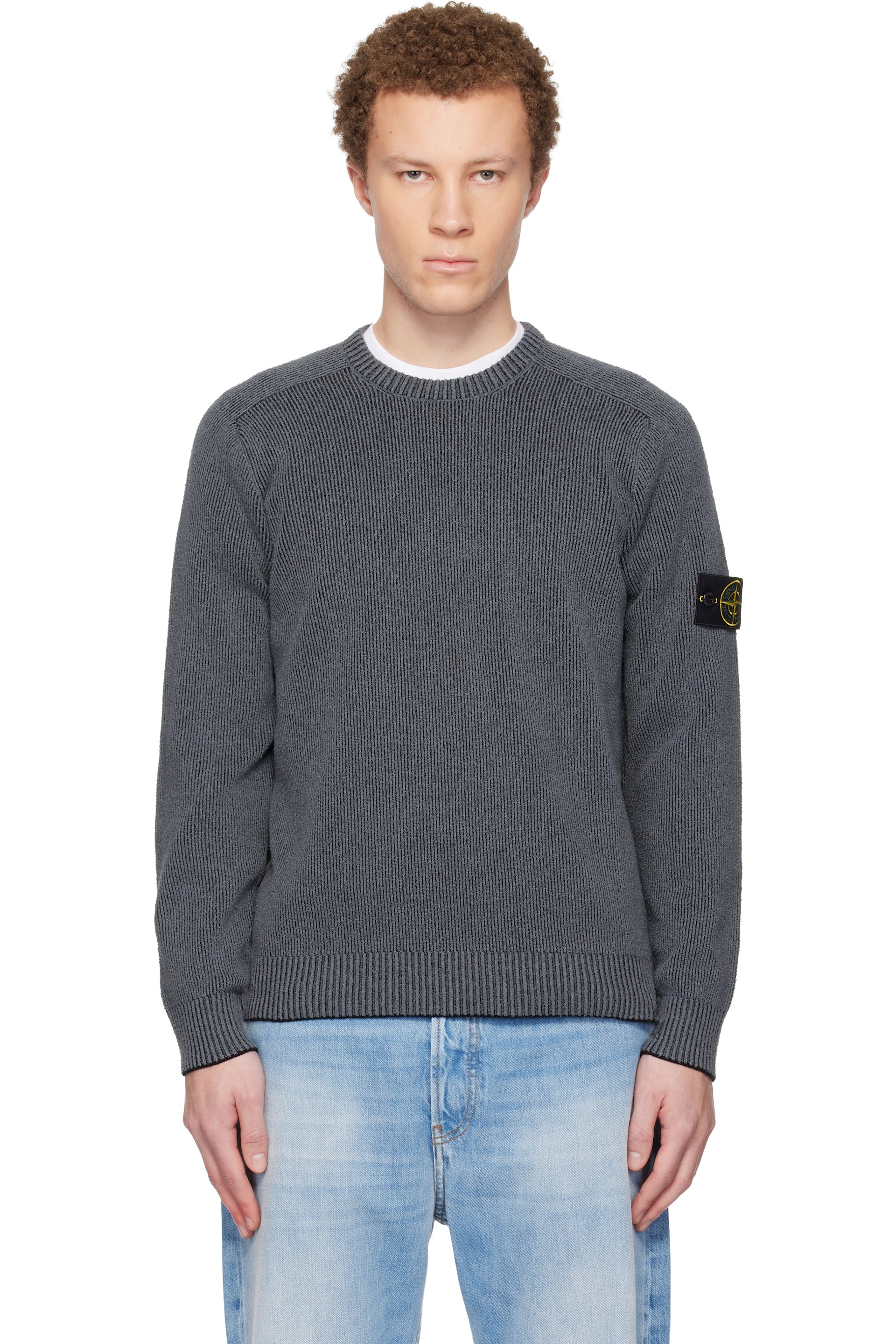 Stone Island - Pull 5100033 gris en tricot côtelé plat de coton bouclé