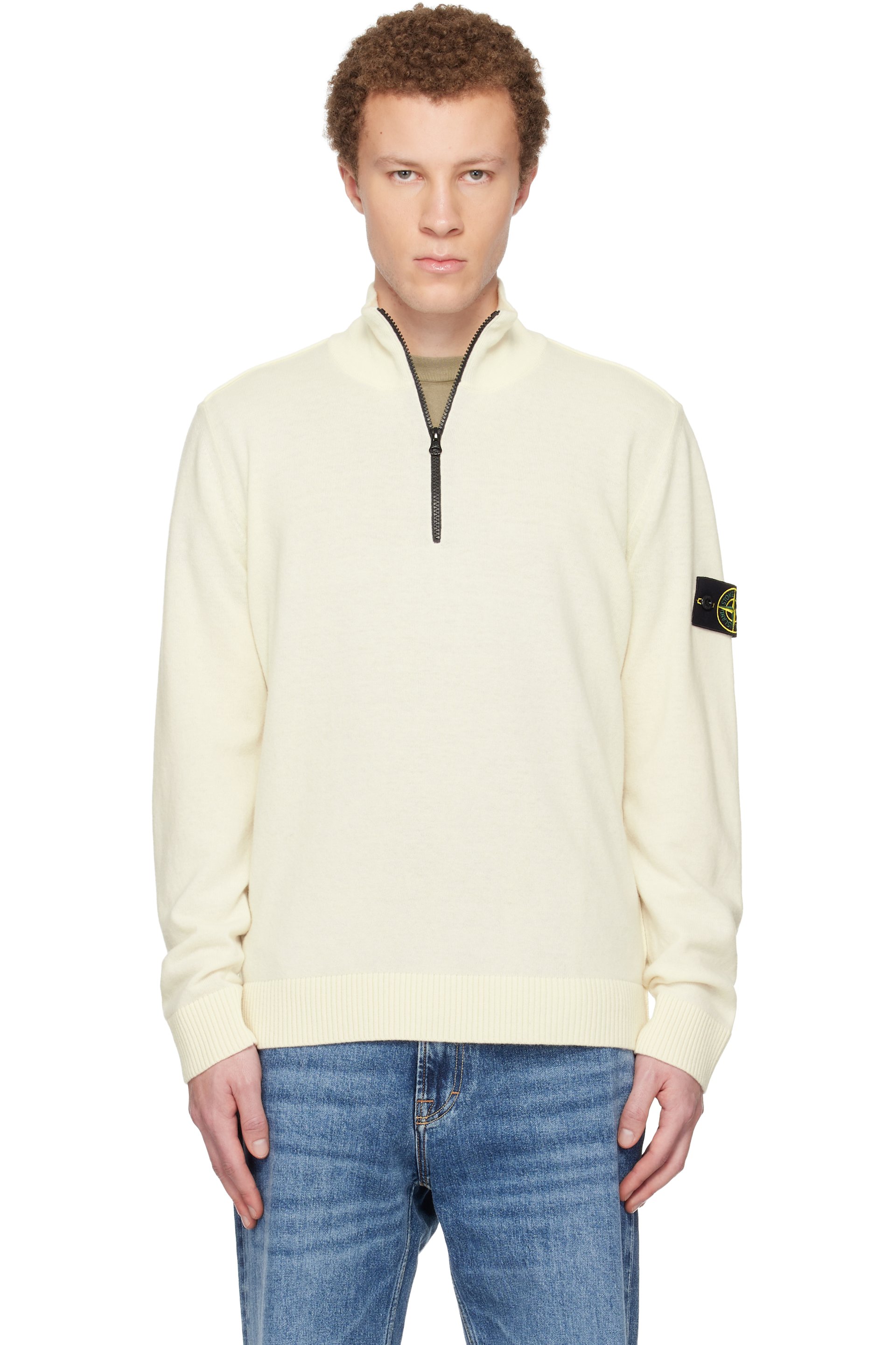 Stone Island - Pull 5100012 blanc cassé en laine Geelong certifiée RWS