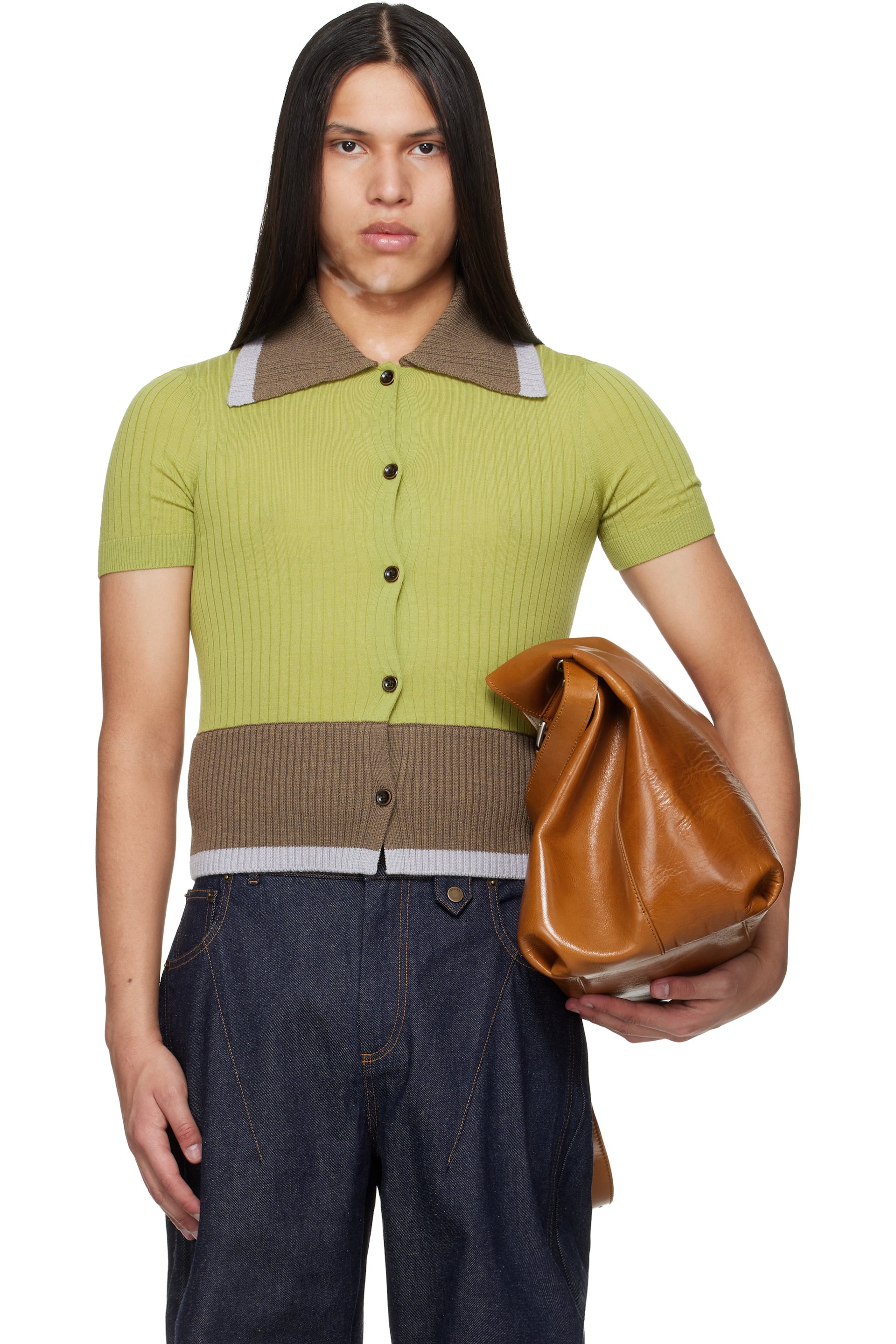 EGONlab - Green & Brown Contrasted Ribs Knit Polo