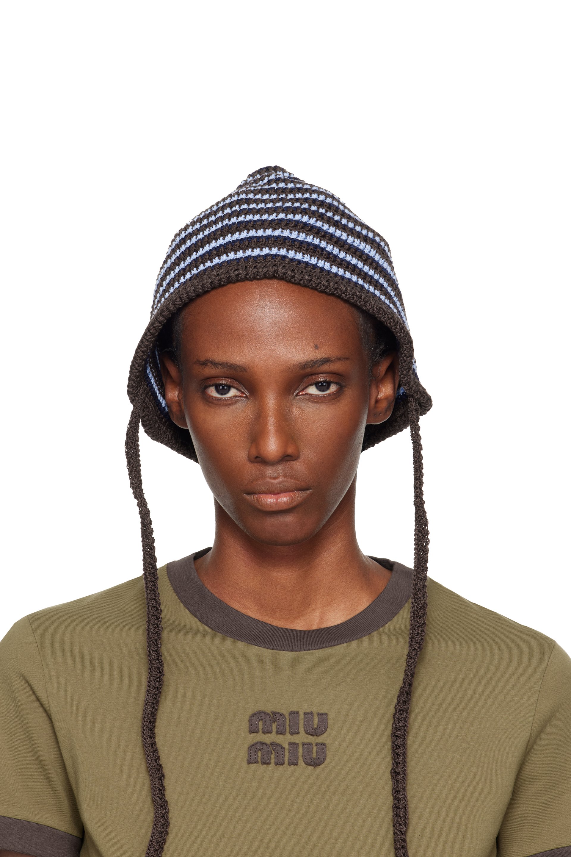 Miu Miu - Chapeau bob brun et bleu en tricot de coton
