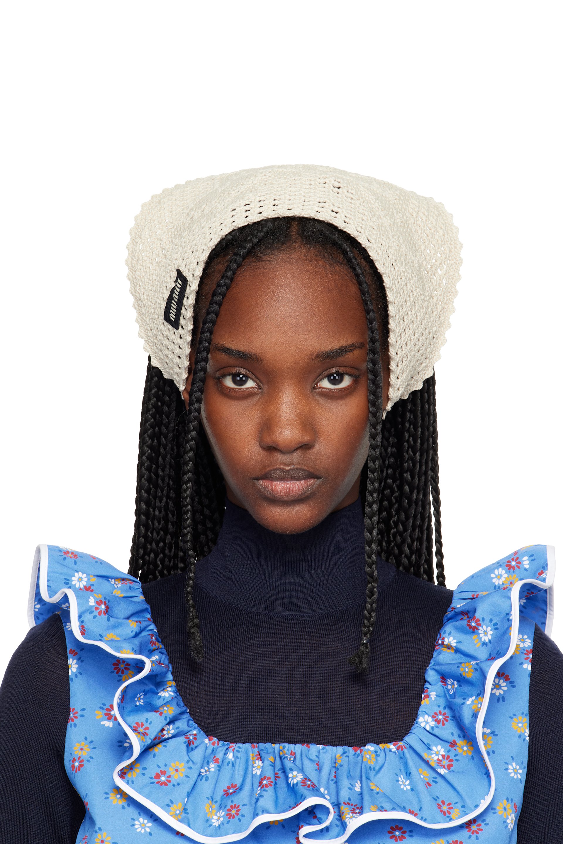 Miu Miu - Écharpe triangulaire blanc cassé en crocheté de coton