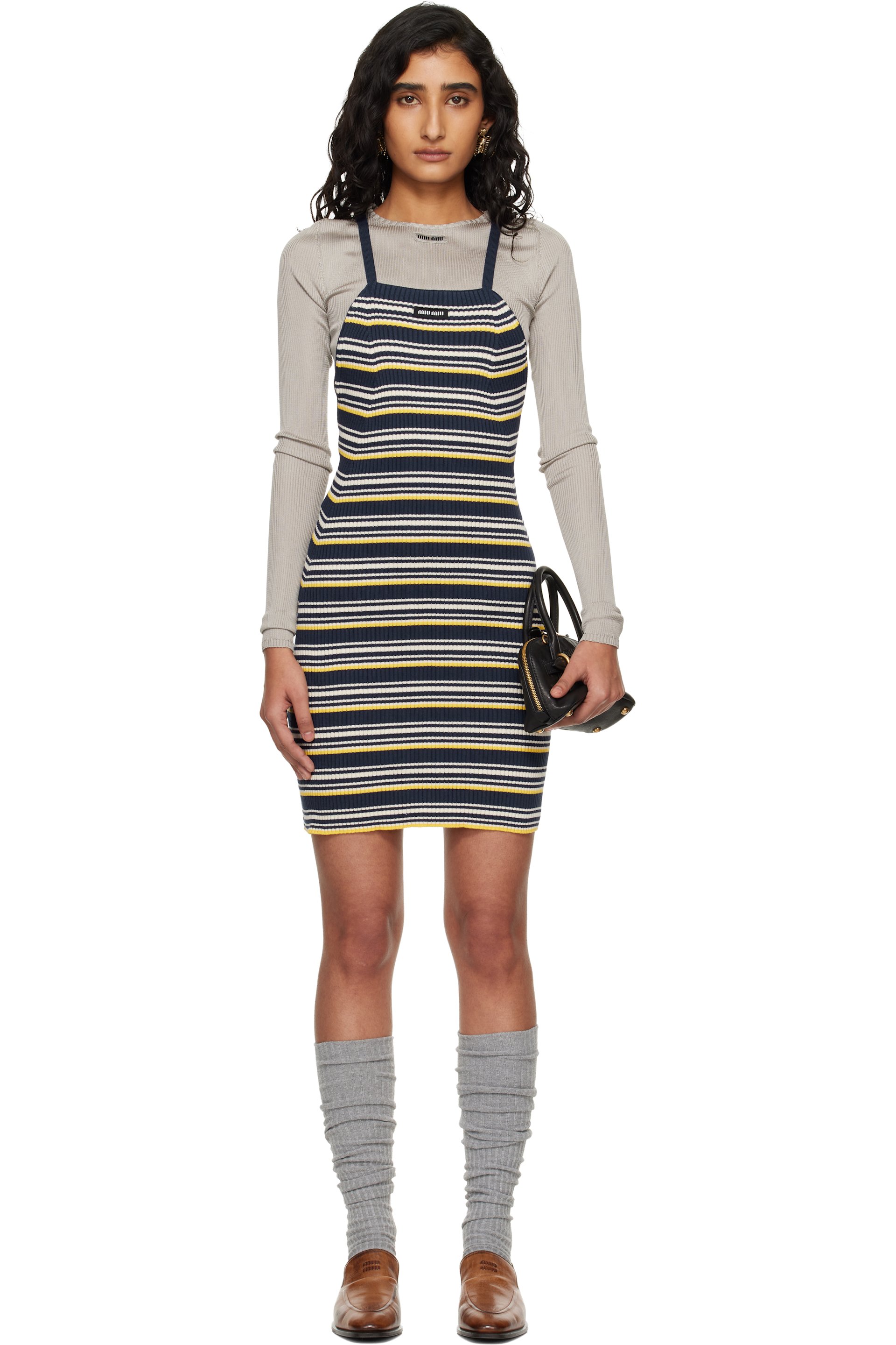 Miu Miu - Robe courte bleu marine en coton à rayures