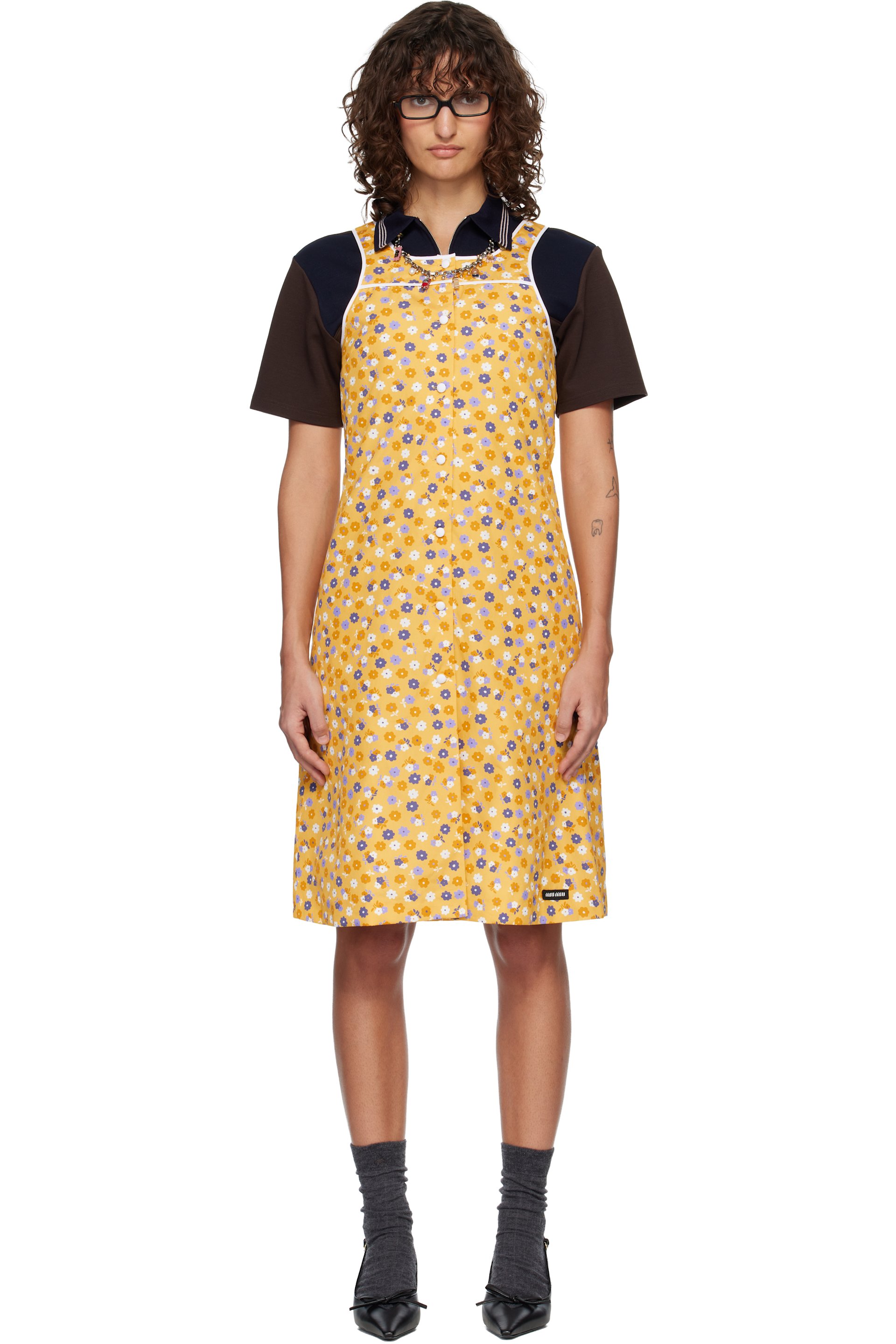 Miu Miu - Robe midi jaune en popeline