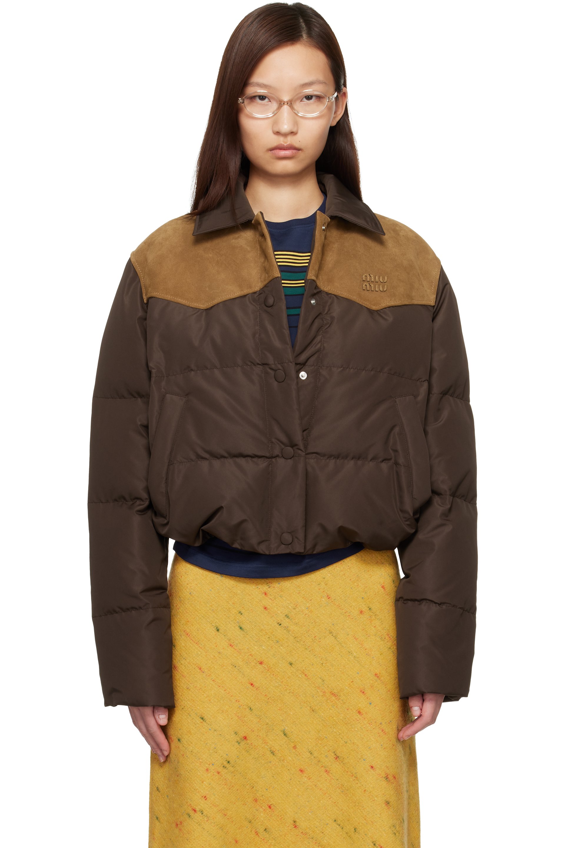 Miu Miu - Blouson technique brun en pongé et en cuir rembourré en duvet
