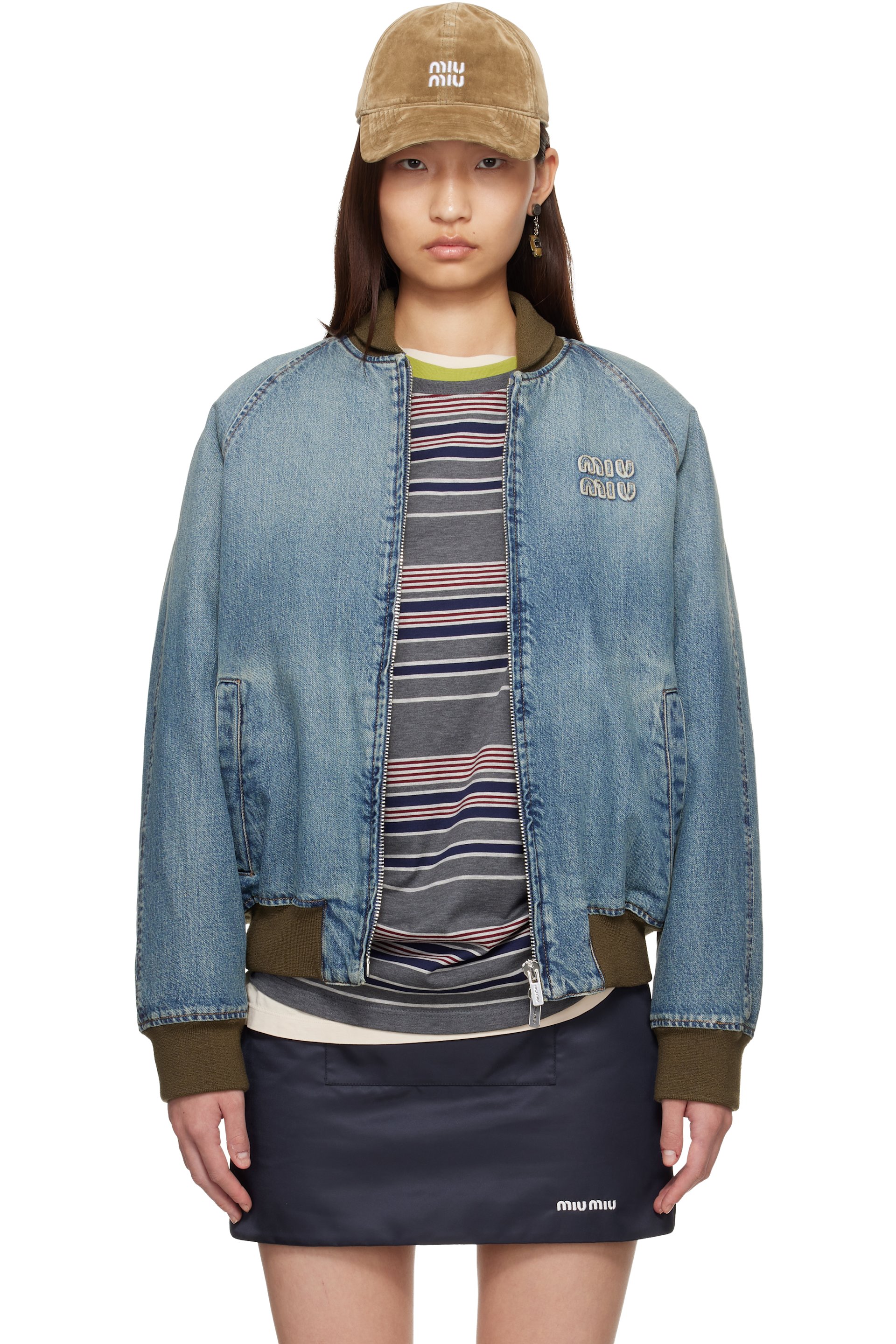 Miu Miu - Blouson aviateur bleu en denim à effet délavé