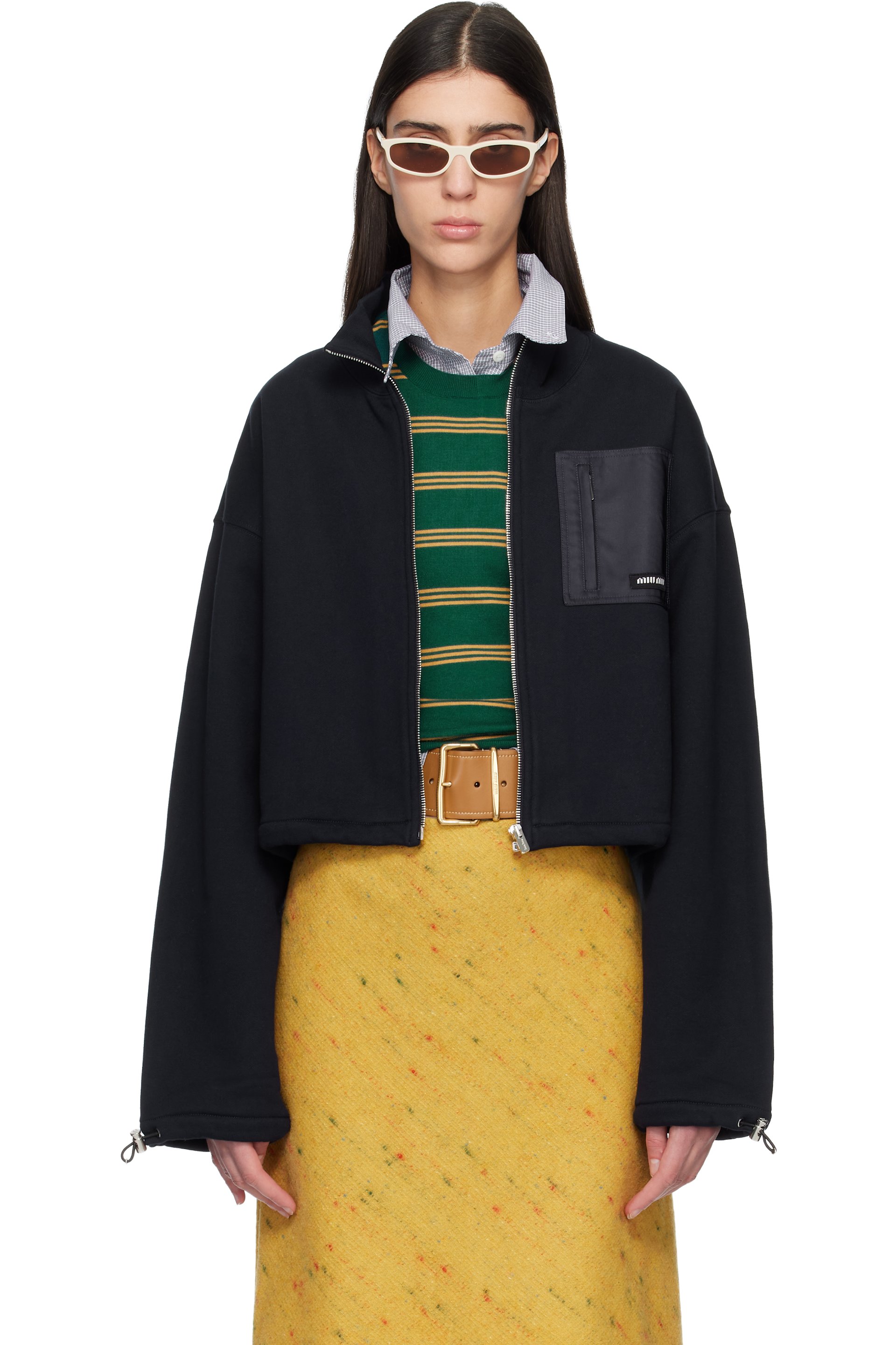Miu Miu - Blouson bleu marine en molleton à glissière