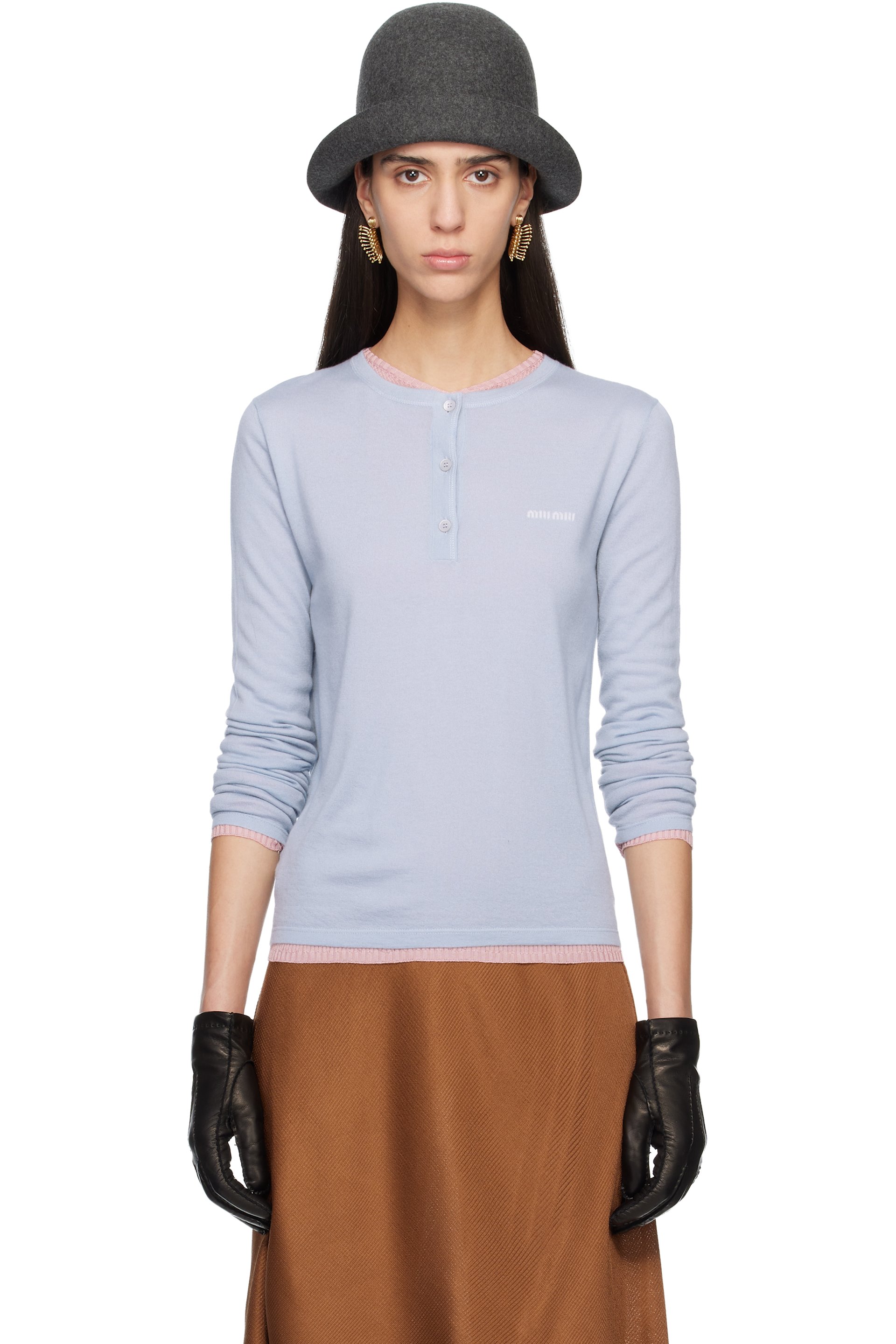 Miu Miu - Pull bleu en cachemire à col ras du cou