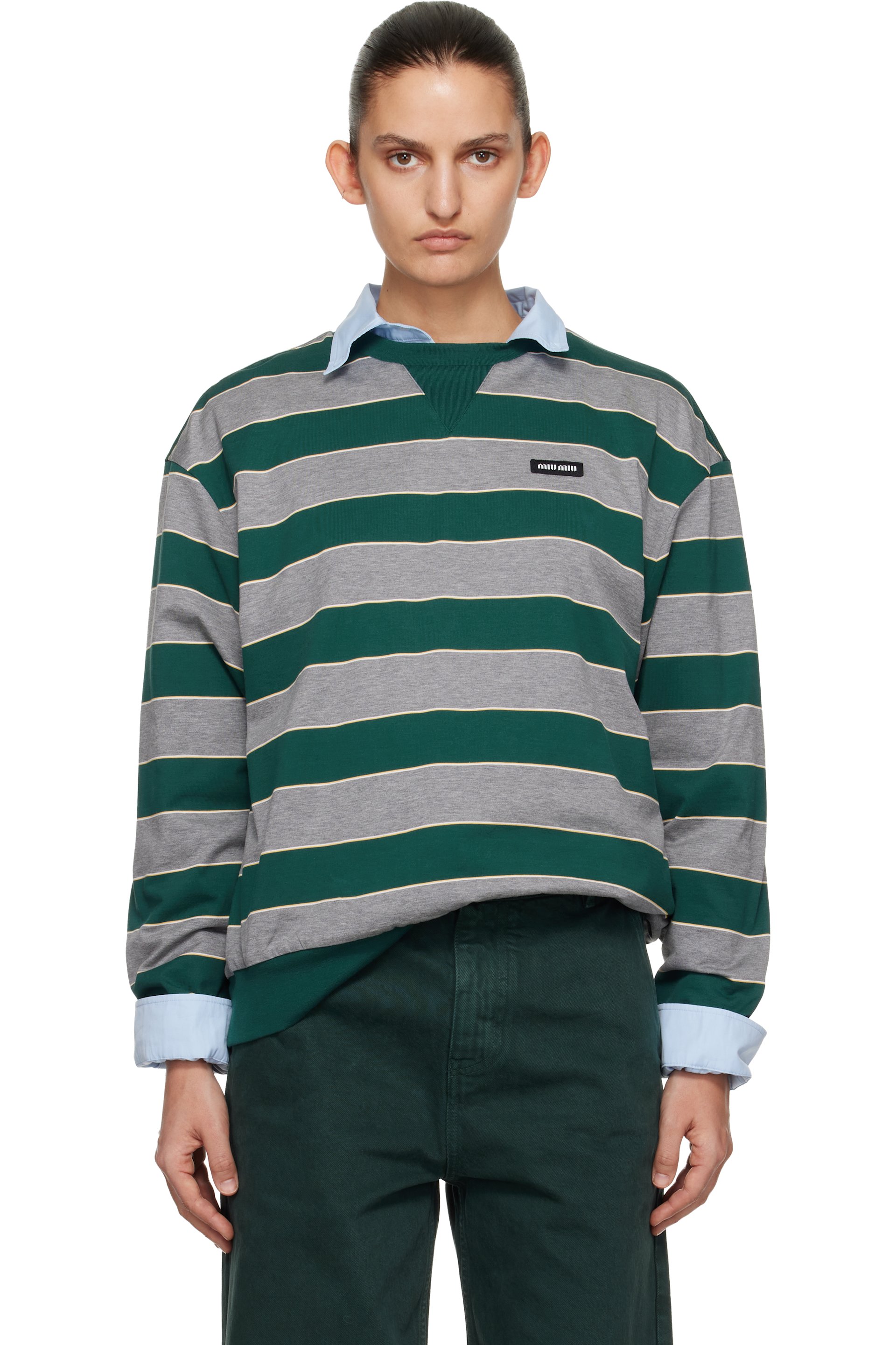 Miu Miu - Pull molletonné vert et gris en jersey à rayures