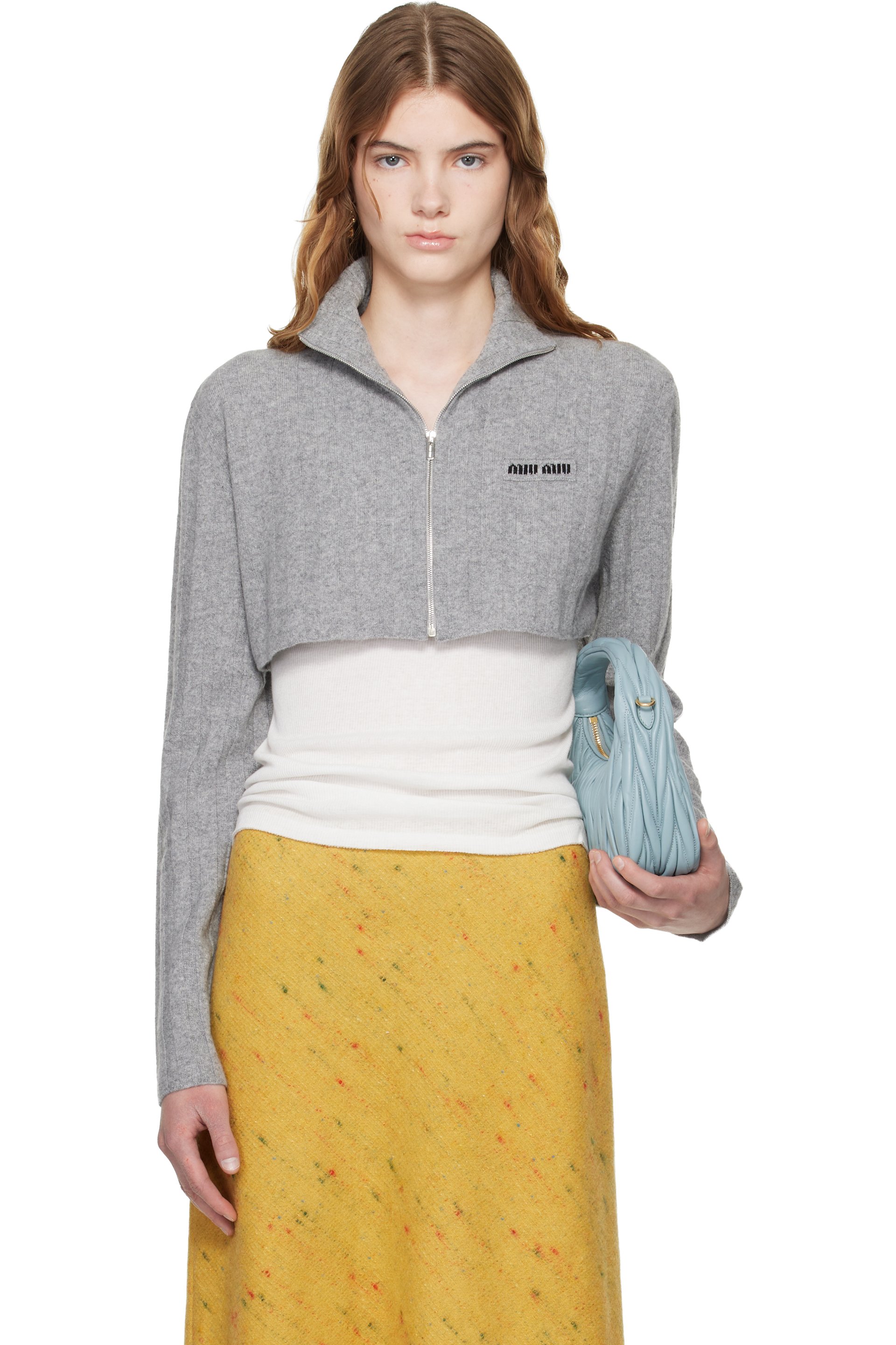 Miu Miu - Cardigan gris écourté en laine et cachemire