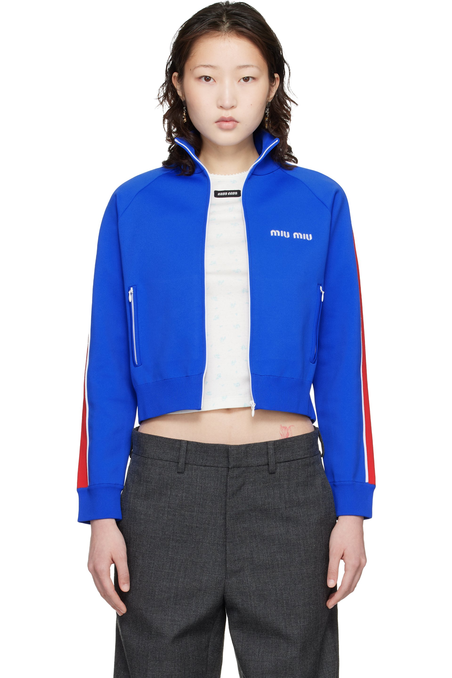 Miu Miu - Blouson de survêtement bleu marine en nylon technique à glissière