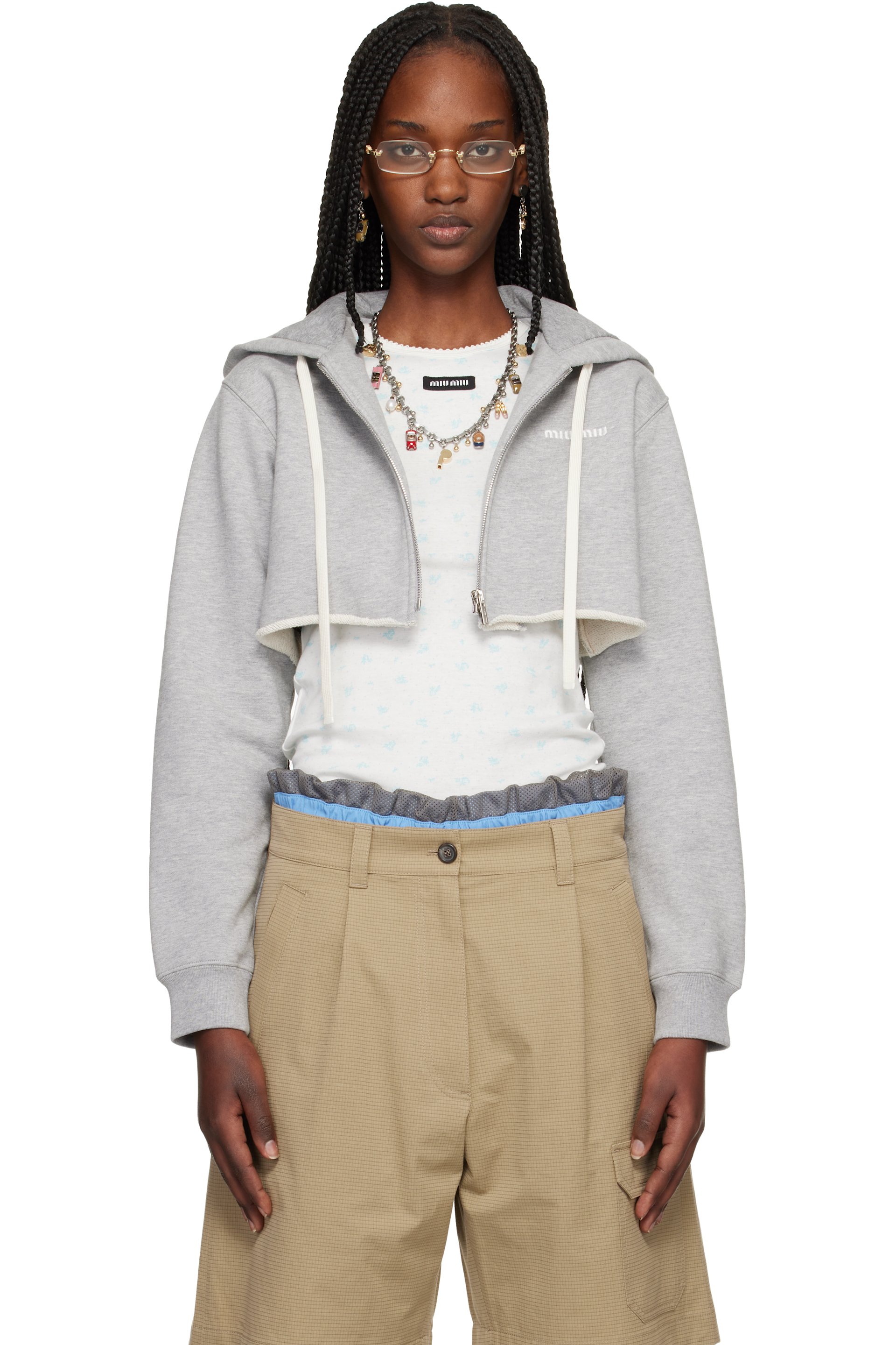 Miu Miu - Pull à capuche Felpa gris à glissière