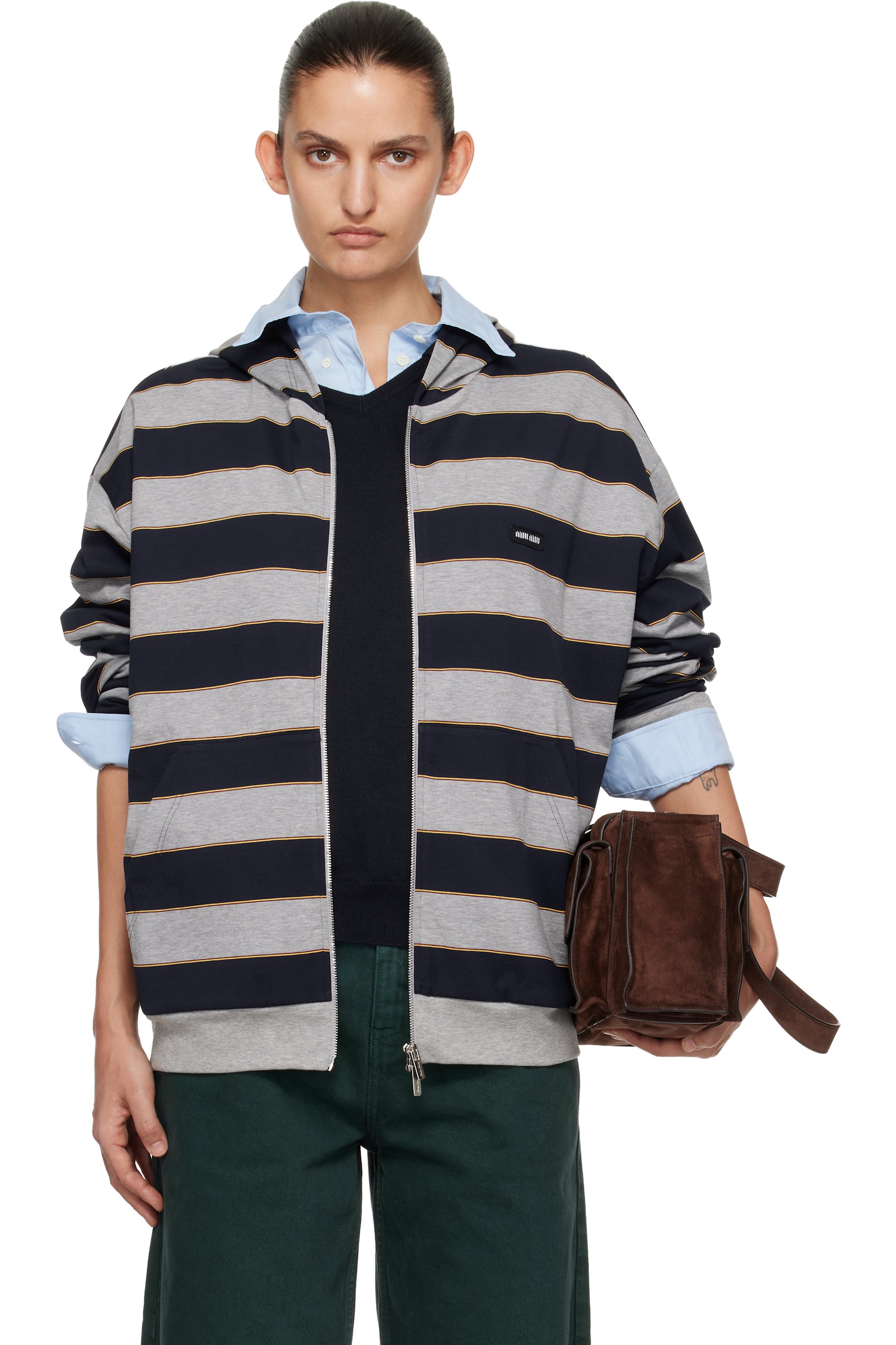 Miu Miu - Pull à capuche bleu marine et gris en jersey à rayures