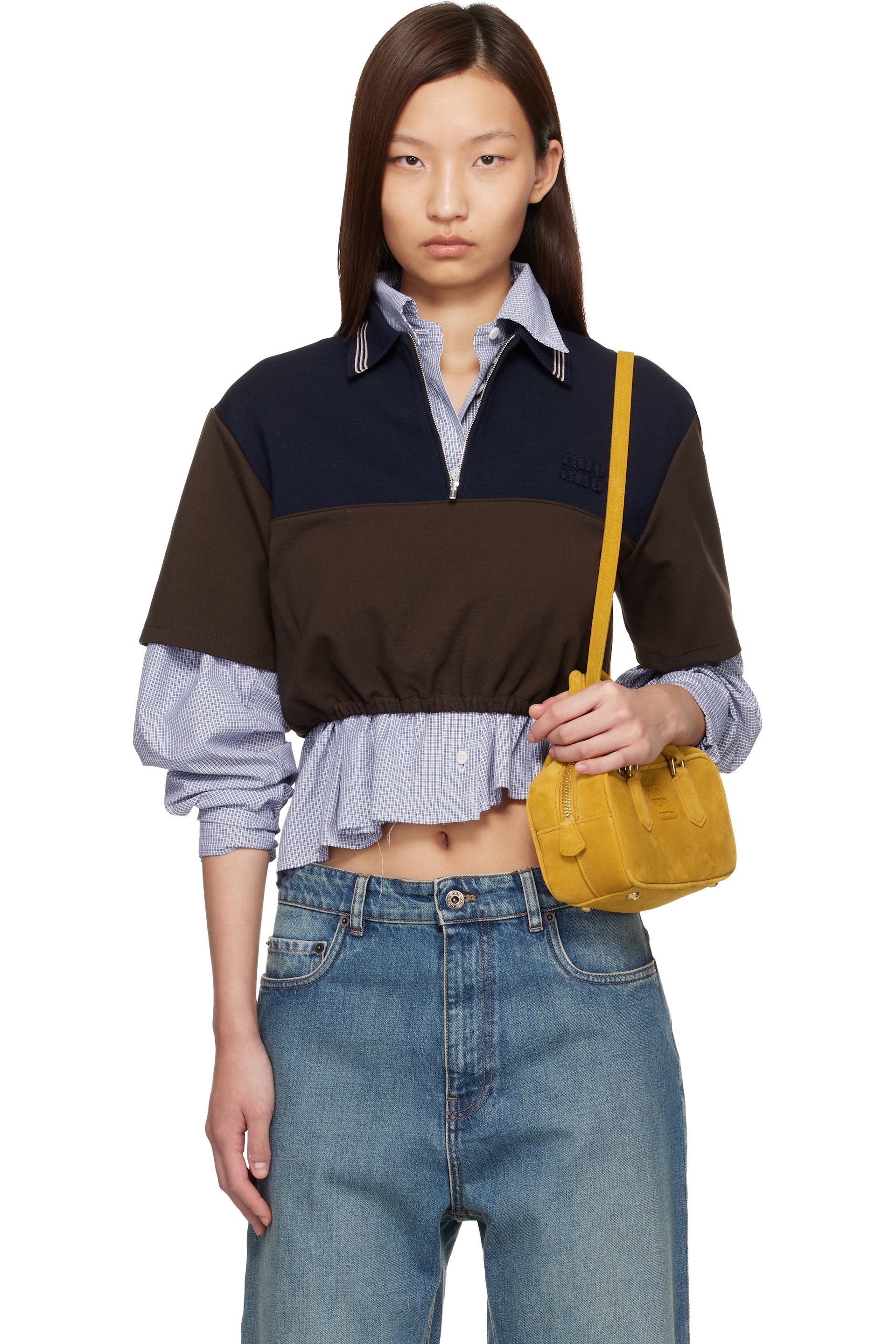 Miu Miu - Polo brun et bleu marine en tricot côtelé