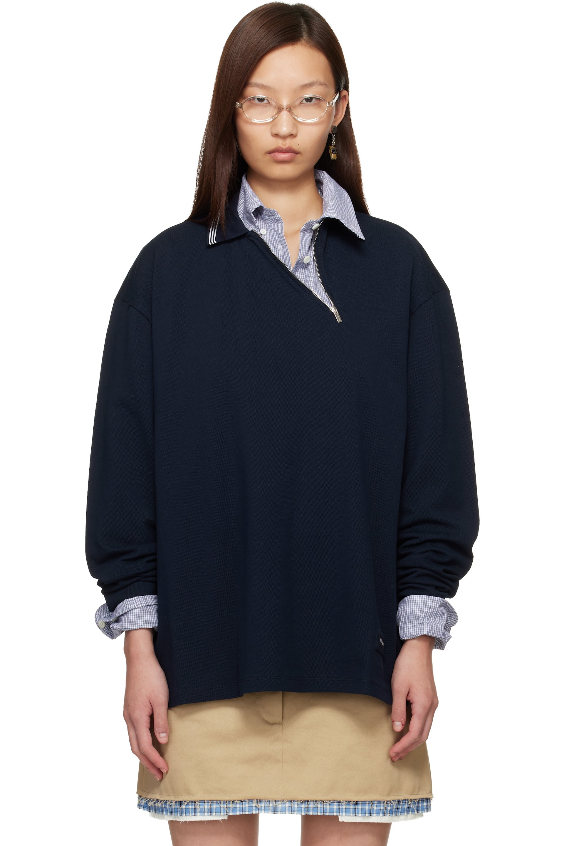 Miu Miu - Polo à manches longues bleu marine en piqué de coton à demi-glissière