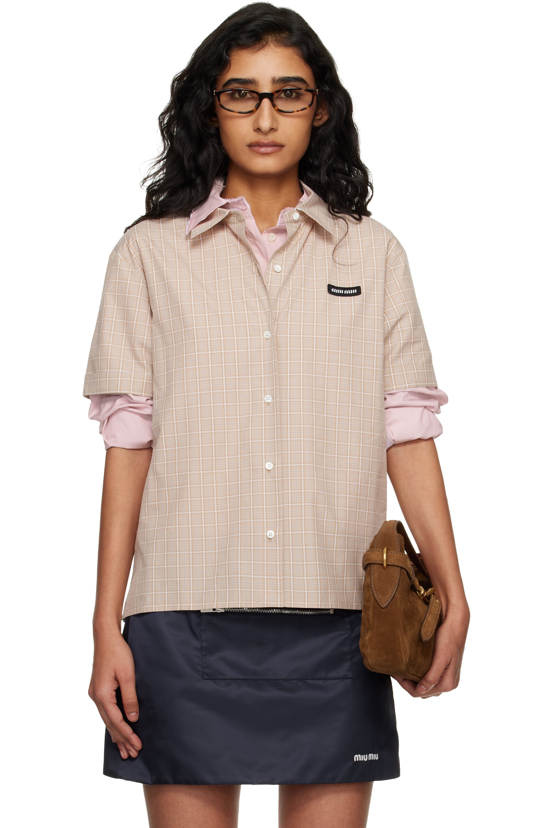 Miu Miu - Chemise beige en popeline à carreaux