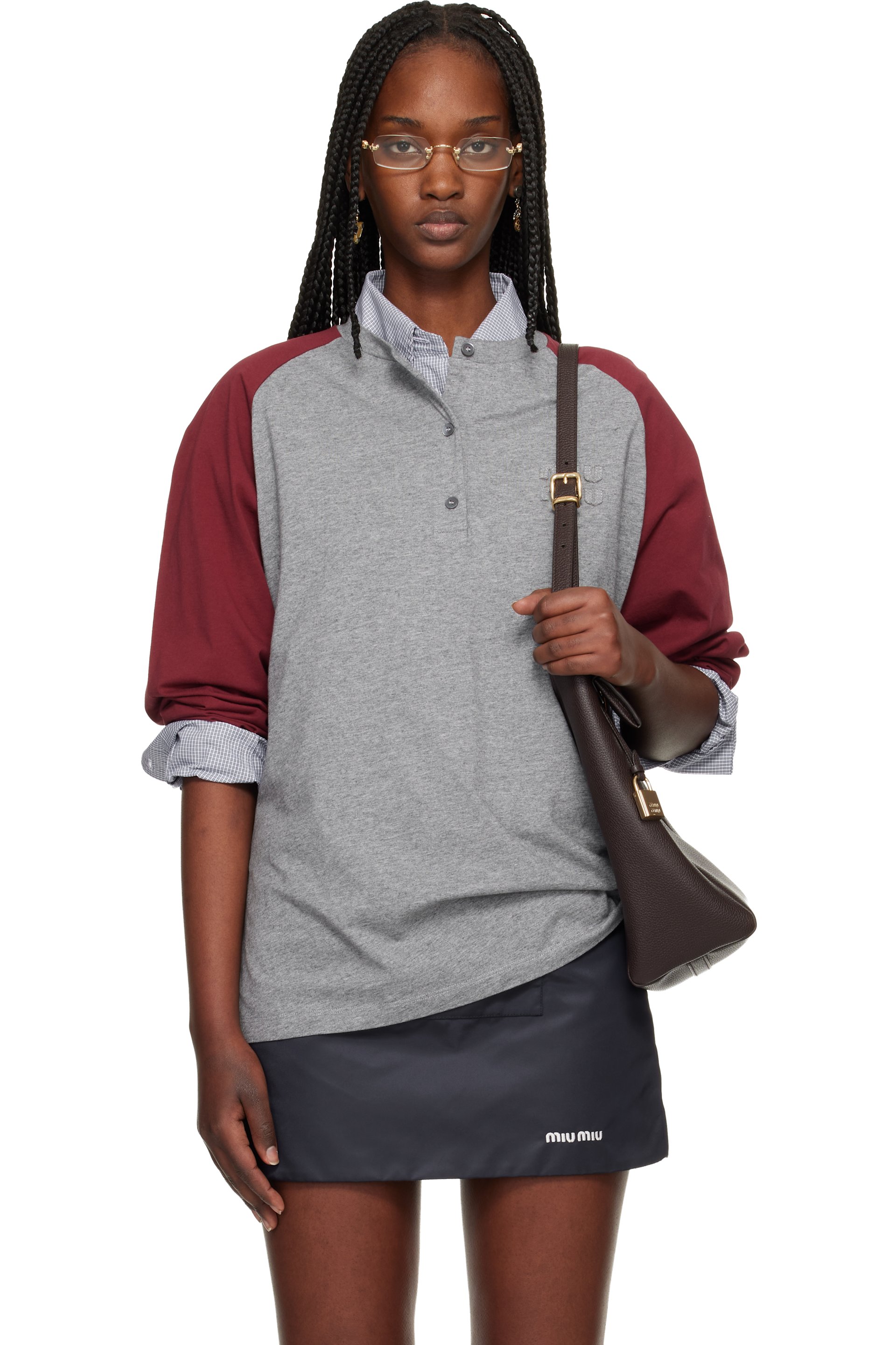 Miu Miu - Henley gris et rouge en jersey de coton