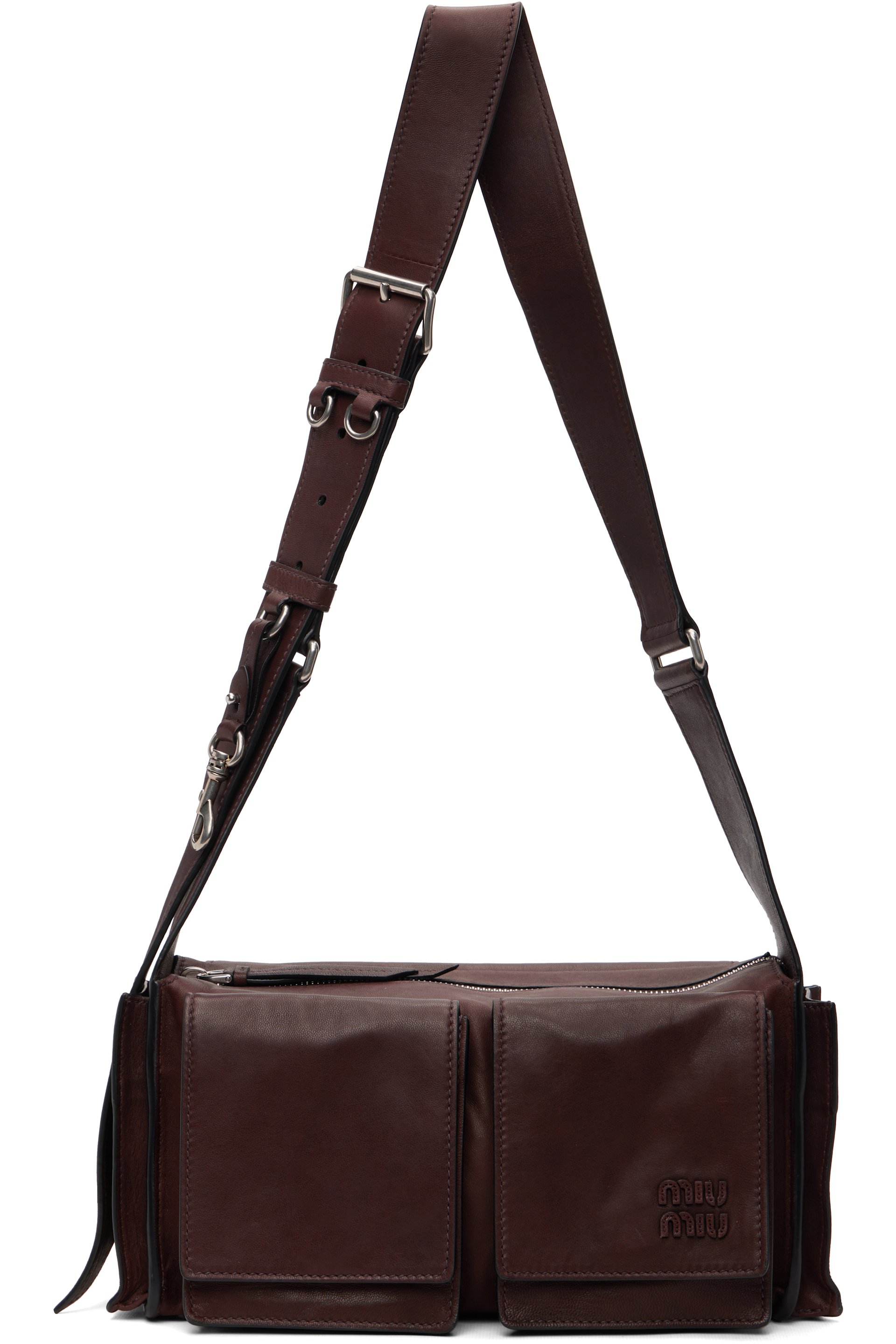 Miu Miu - Sac à bandoulière utilitaire brun en cuir nappa
