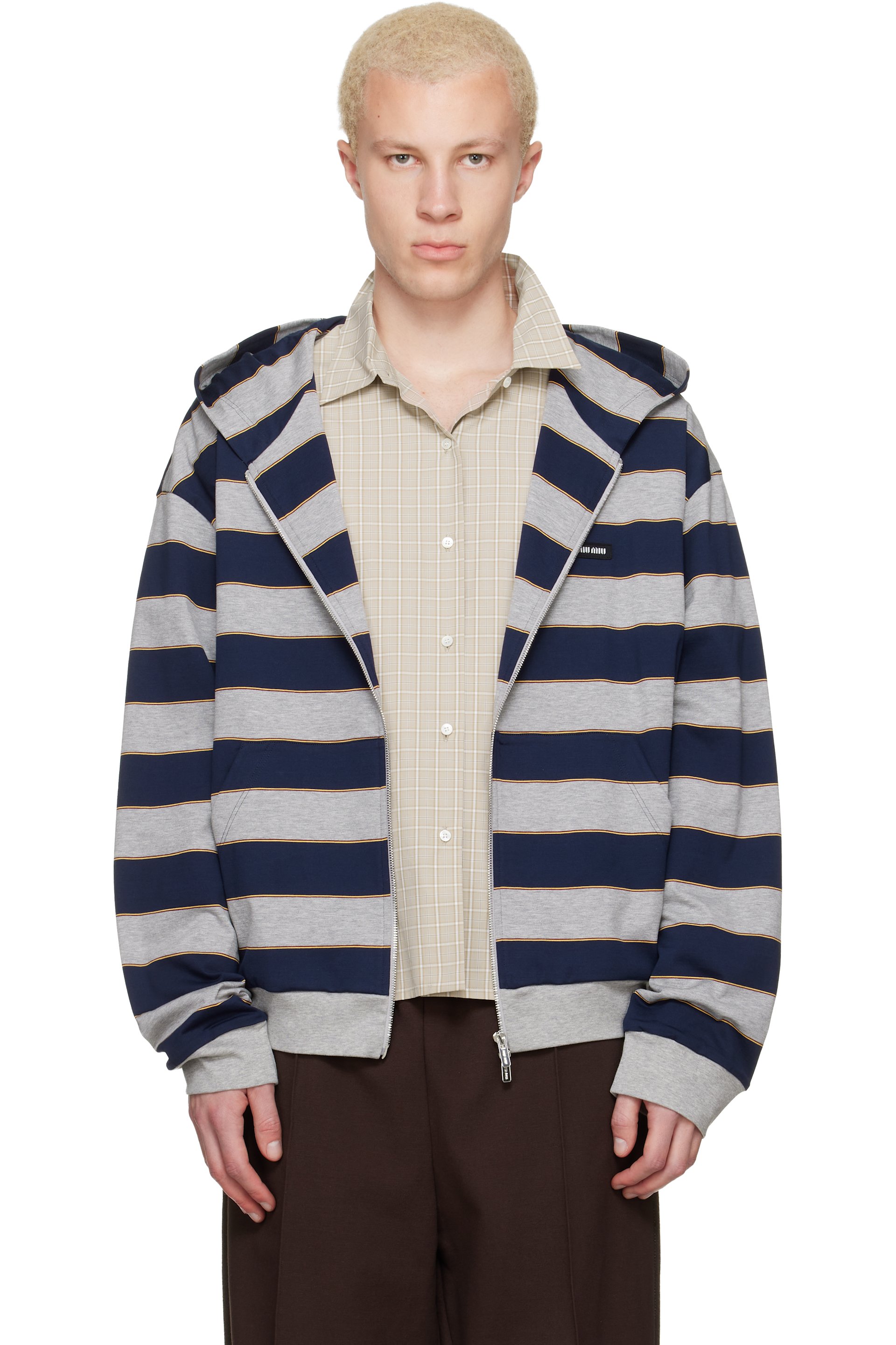 Miu Miu - Pull à capuche gris et bleu marine en jersey à rayures
