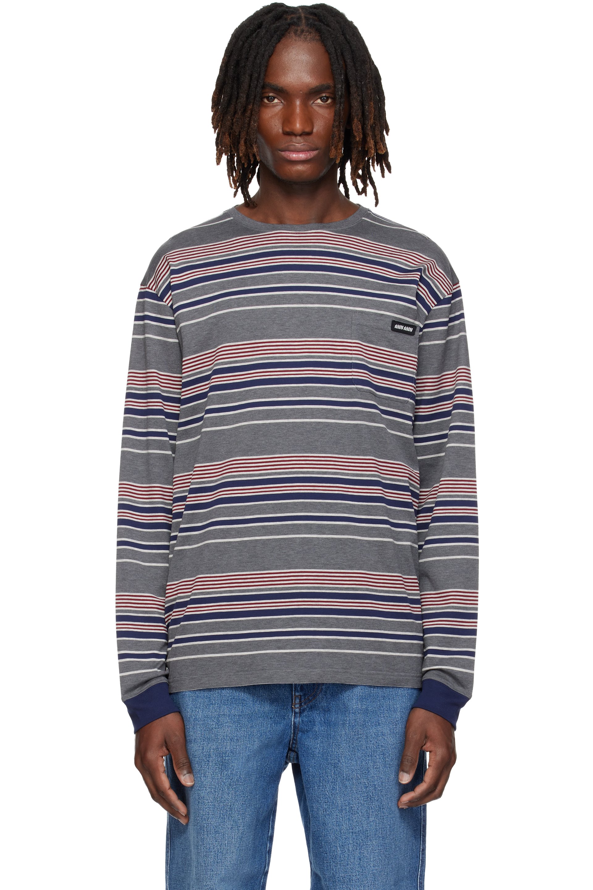 Miu Miu - T-shirt à manches longues gris en jersey de coton