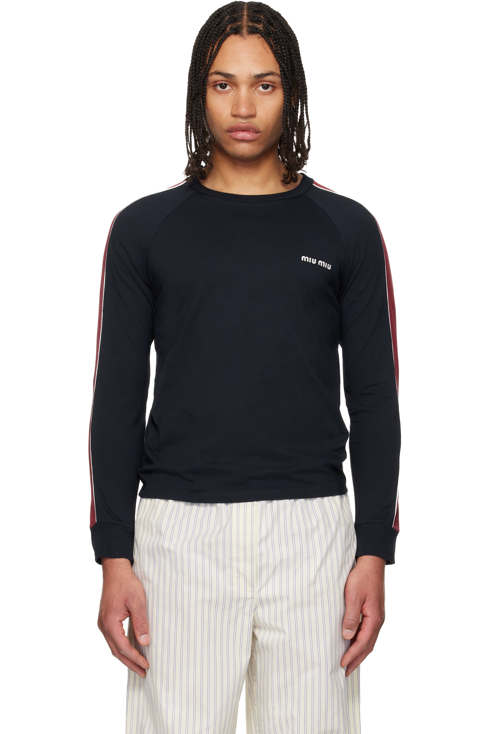 Miu Miu - T-shirt à manches longues bleu marine en jersey de coton