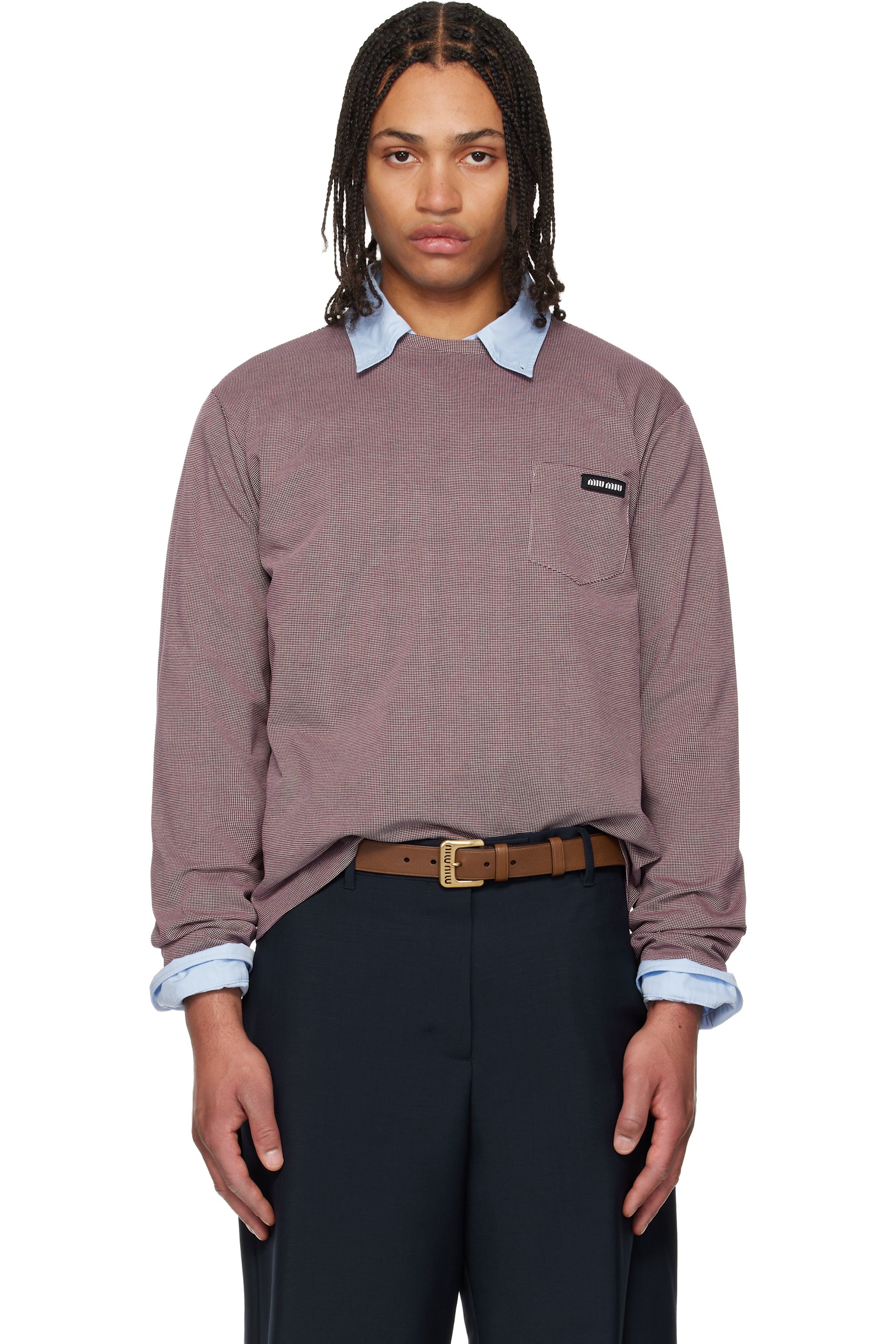 Miu Miu - T-shirt à manches longues blanc et bourgogne en jersey