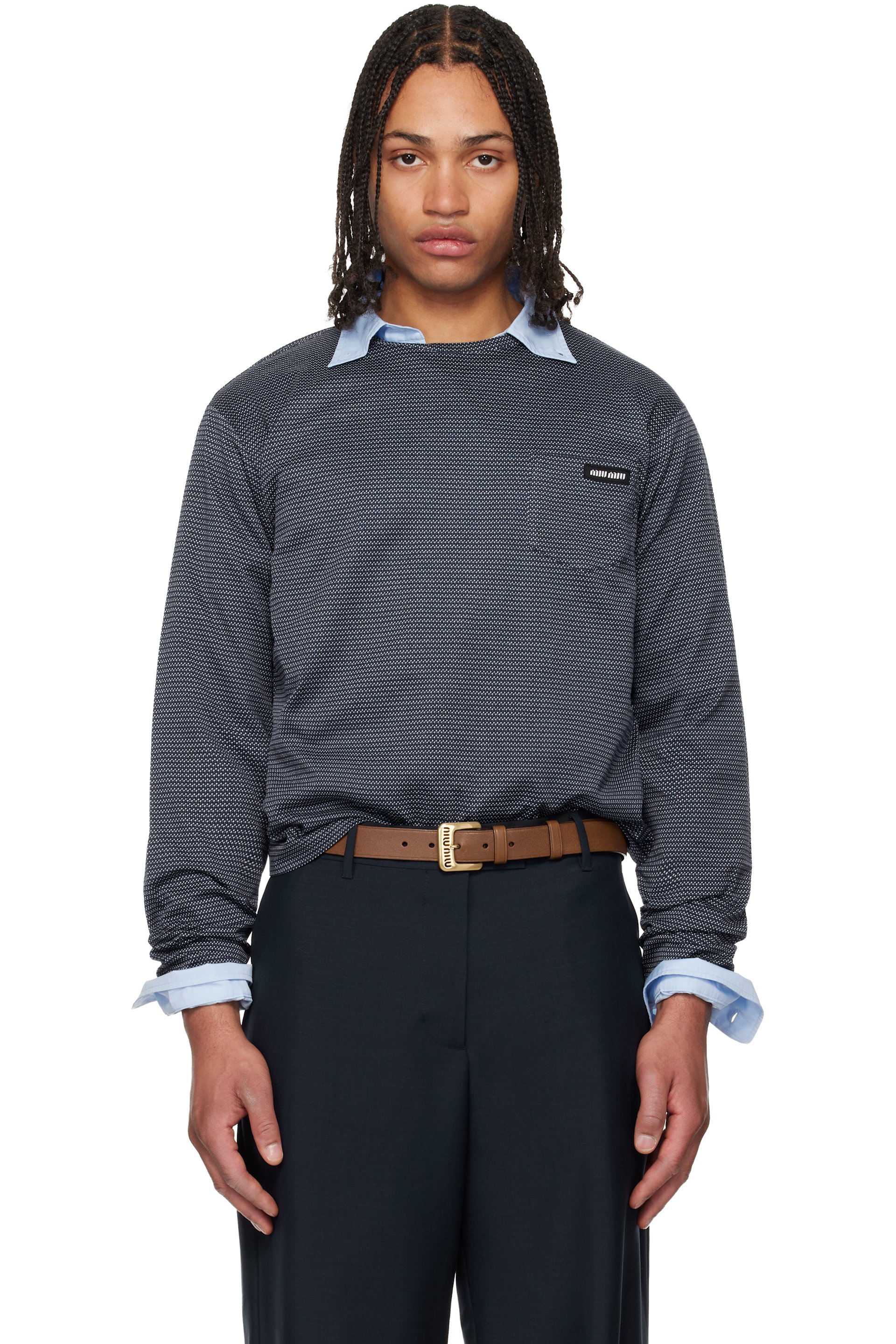 Miu Miu - T-shirt à manches longues bleu marine et blanc en jersey