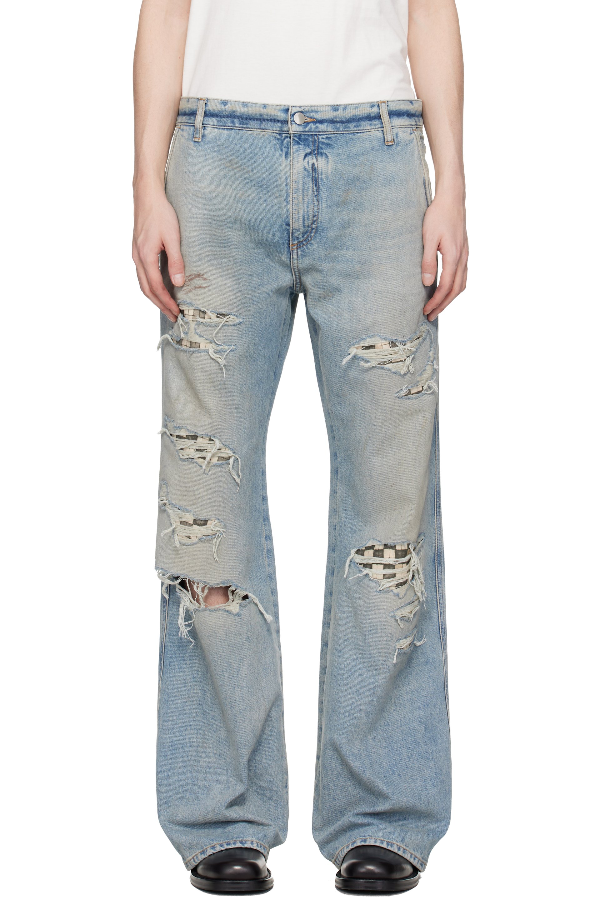 AMIRI - Blue Checkered Repair Bootcut Jeans