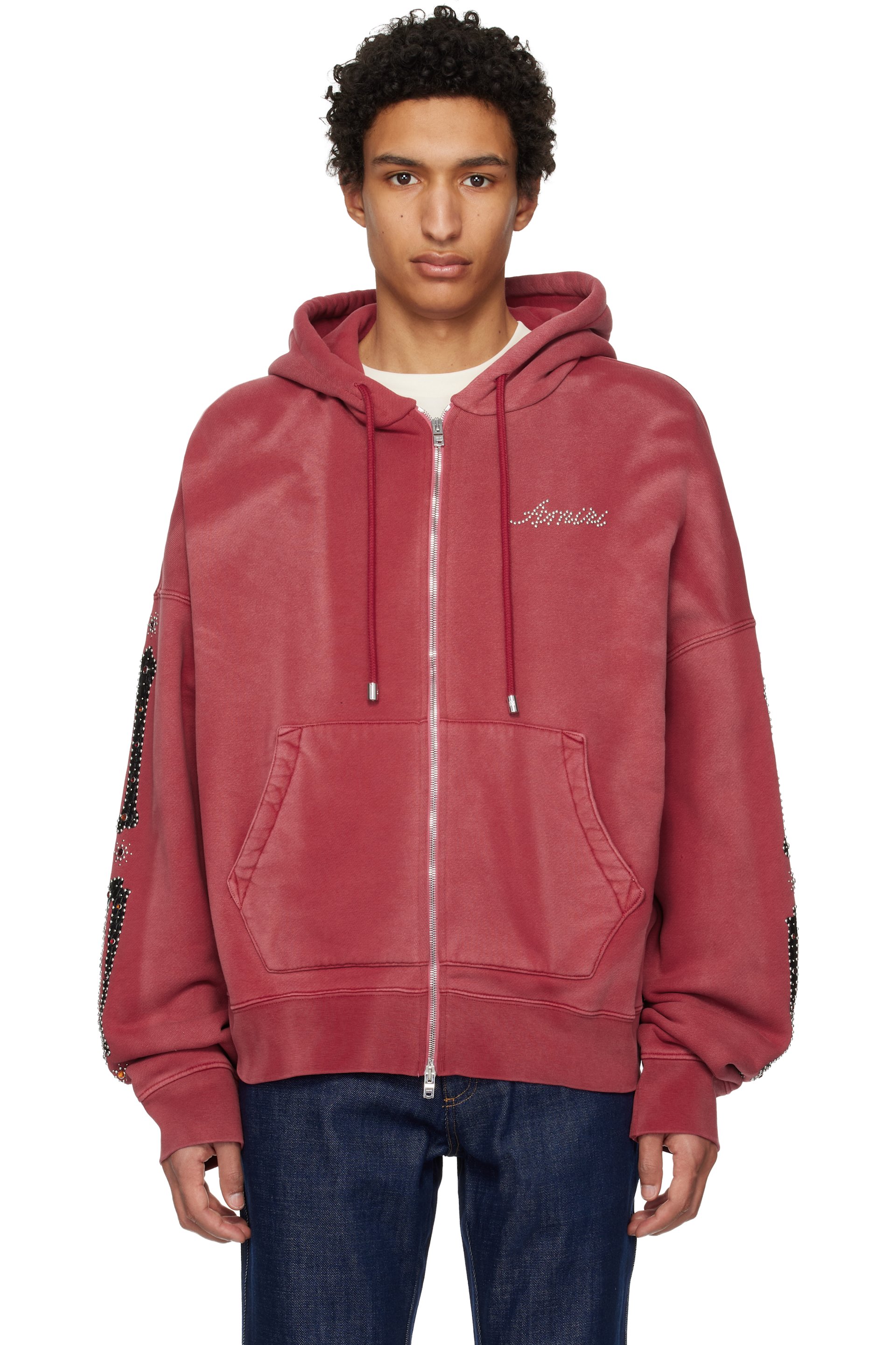 AMIRI - Pull à capuche surdimensionné rouge à glissière et à appliqués d'os cloutés