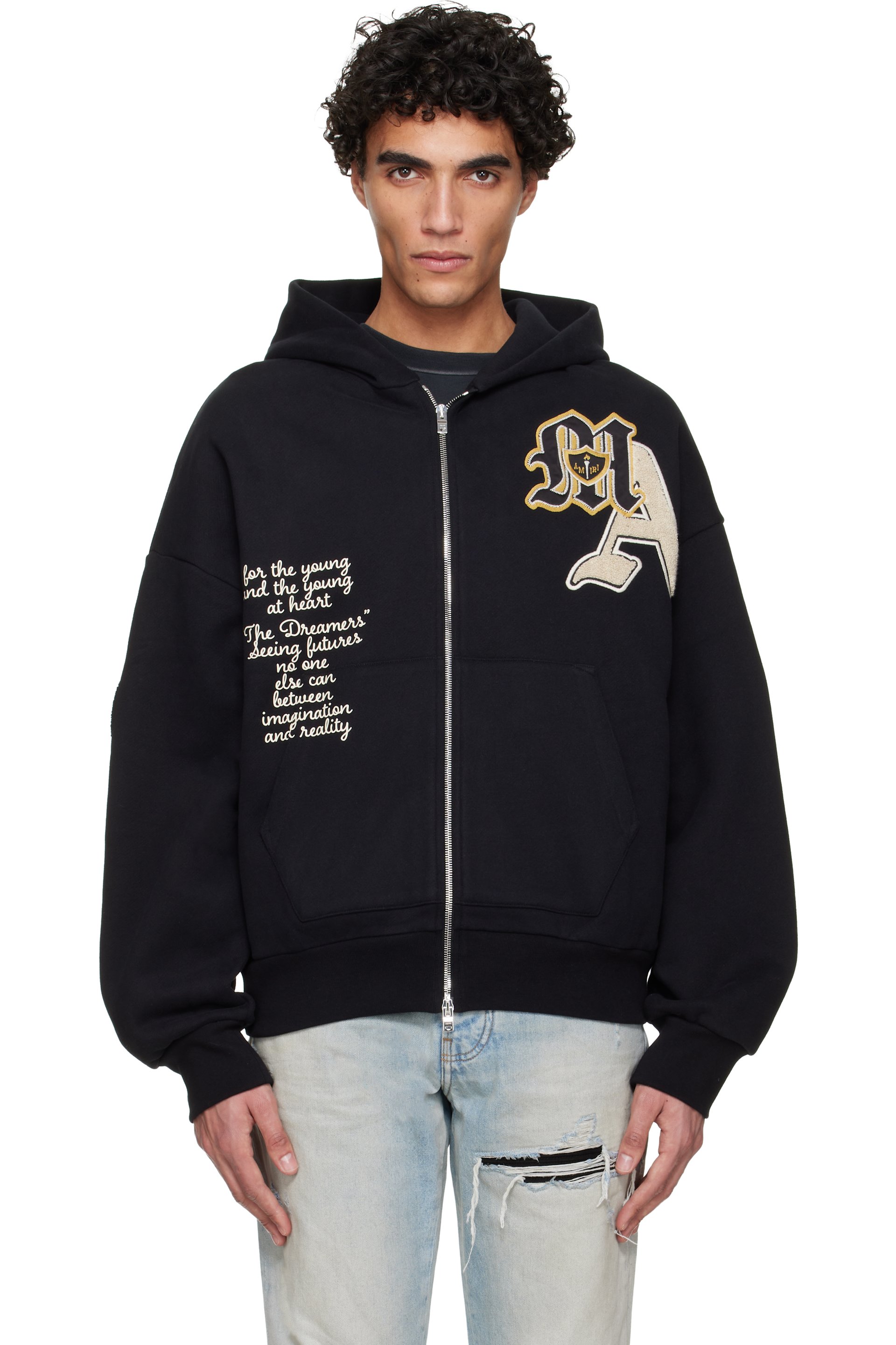 AMIRI - Pull à capuche surdimensionné noir à logo de style collégial et à écussons