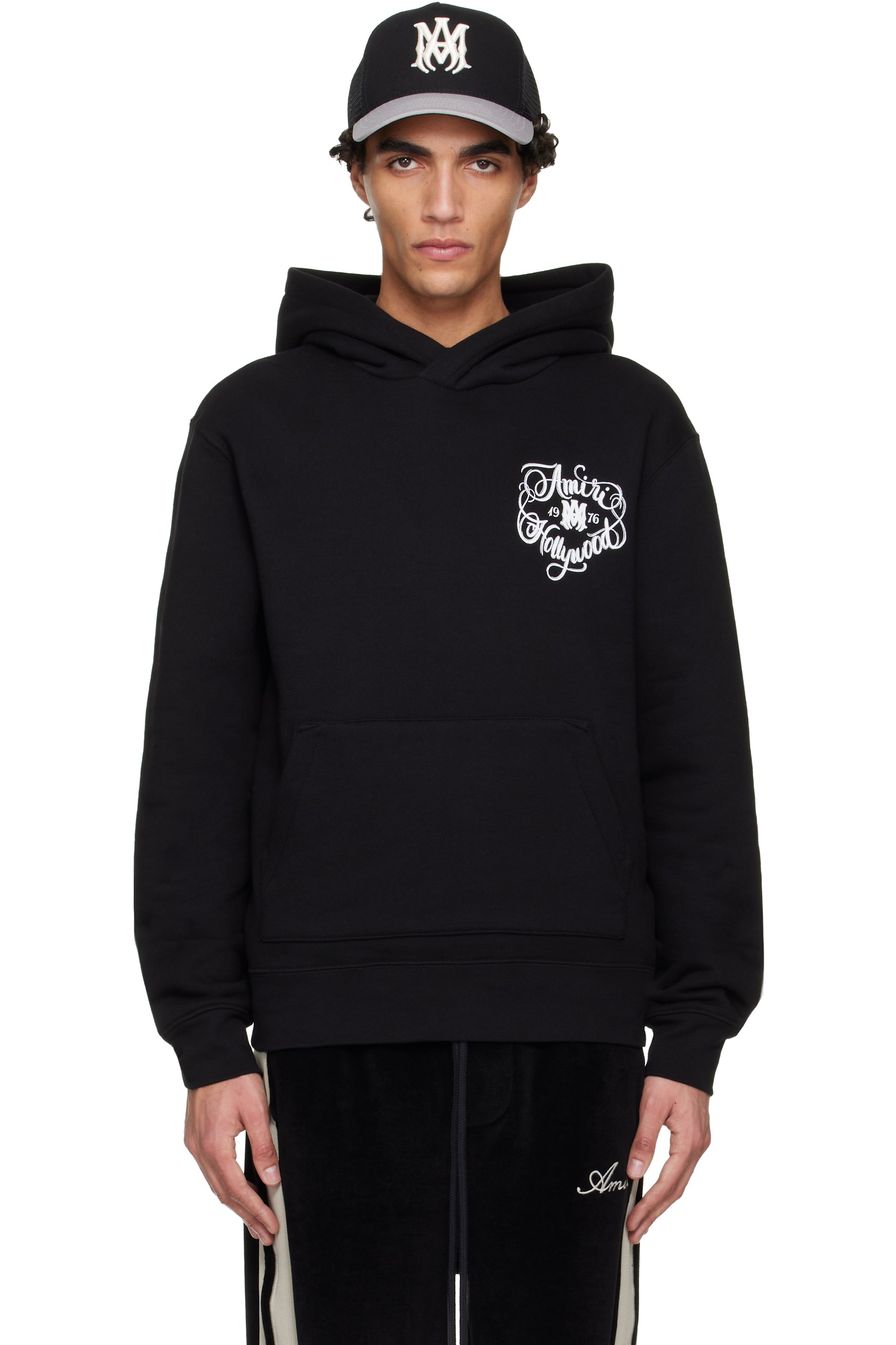 AMIRI - Pull à capuche noir à logo de style collégial et à logos Hollywood
