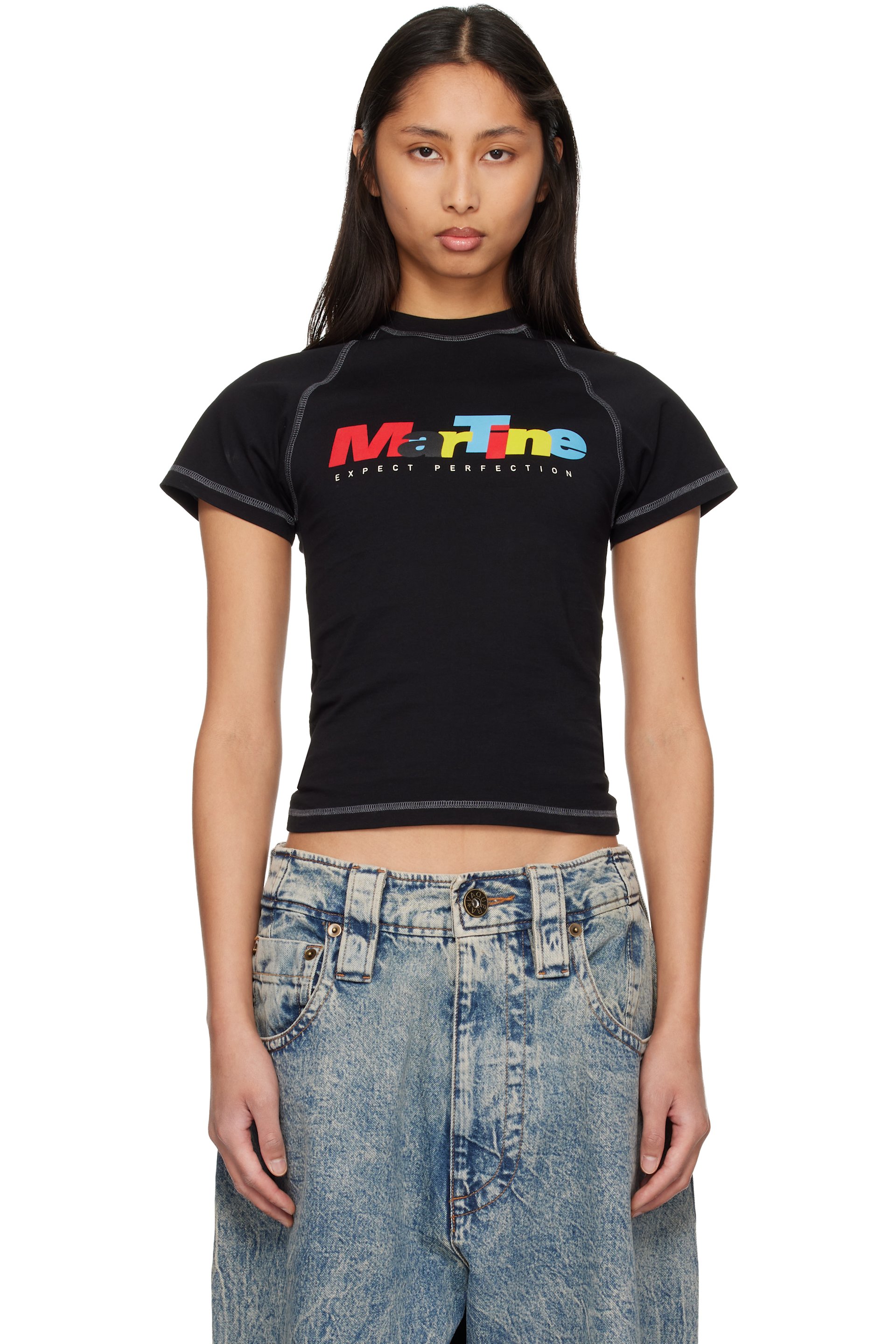 Martine Rose - T-shirt rétréci noir à manches raglan