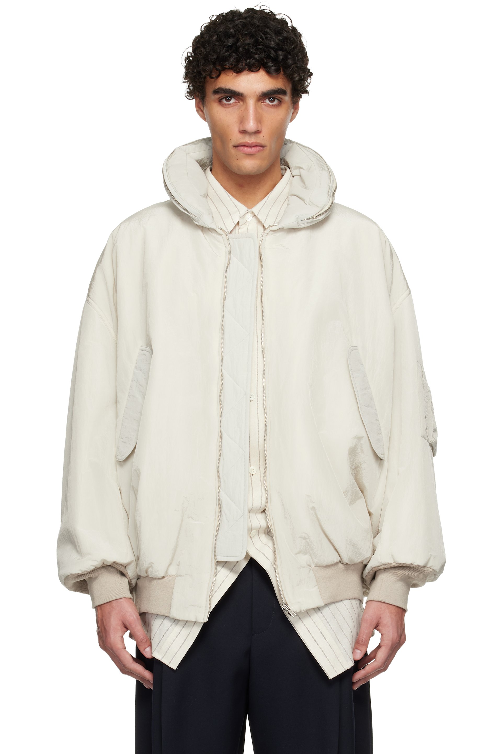 Hed Mayner - Blouson aviateur blanc cassé en taffetas froissé