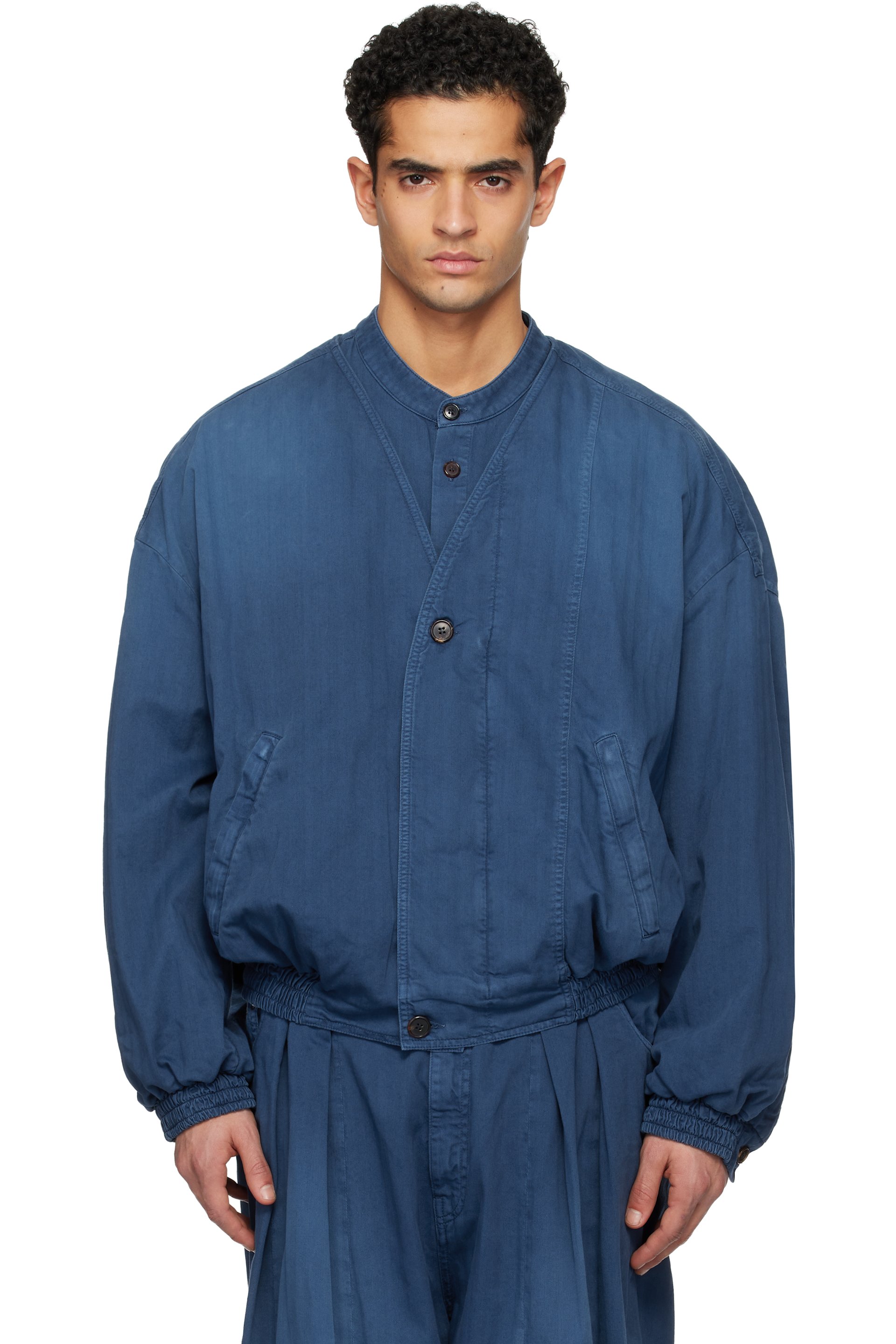 Hed Mayner - Blouson aviateur bleu en denim à motif chevronné