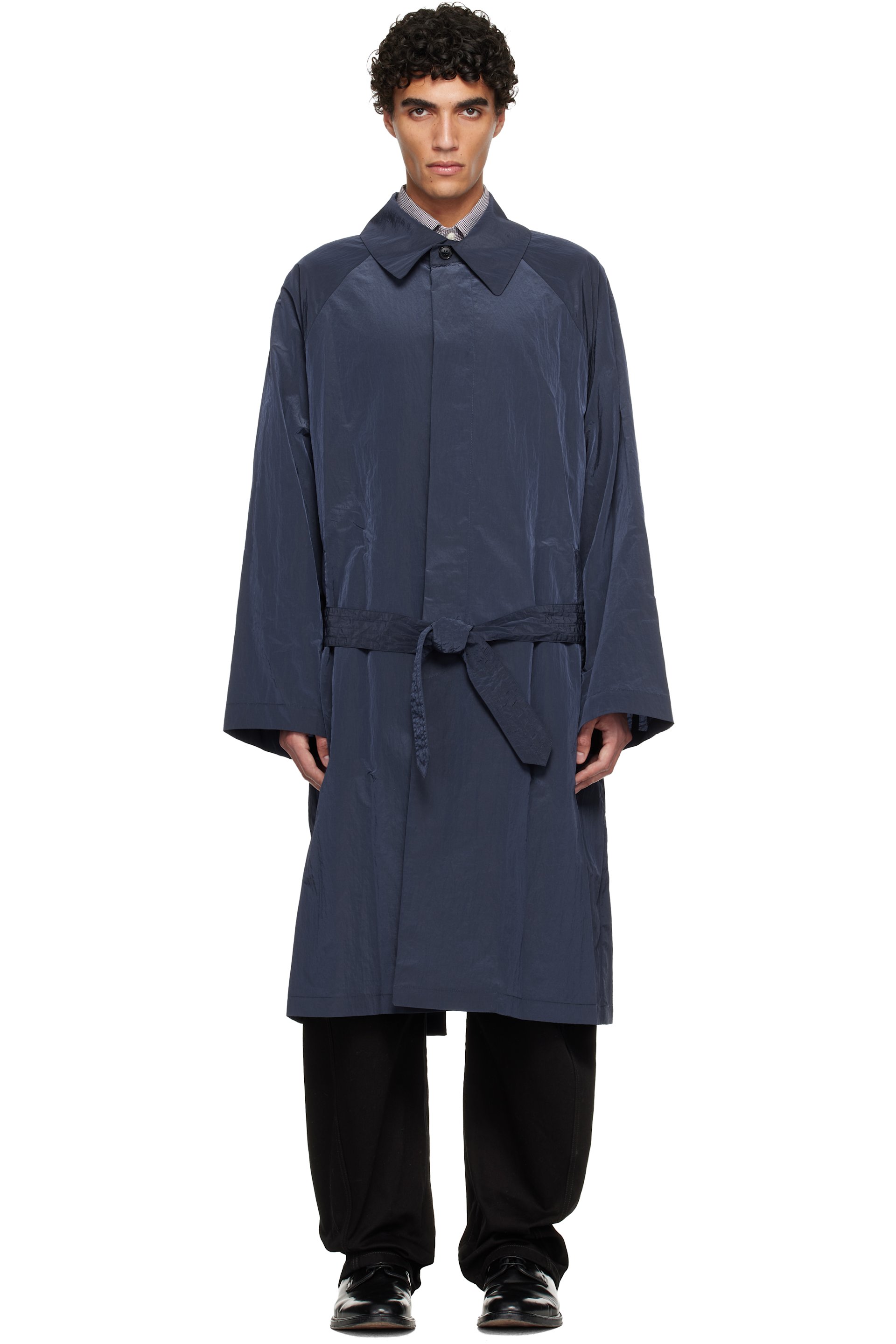 Hed Mayner - Trench bleu marine en taffetas froissé