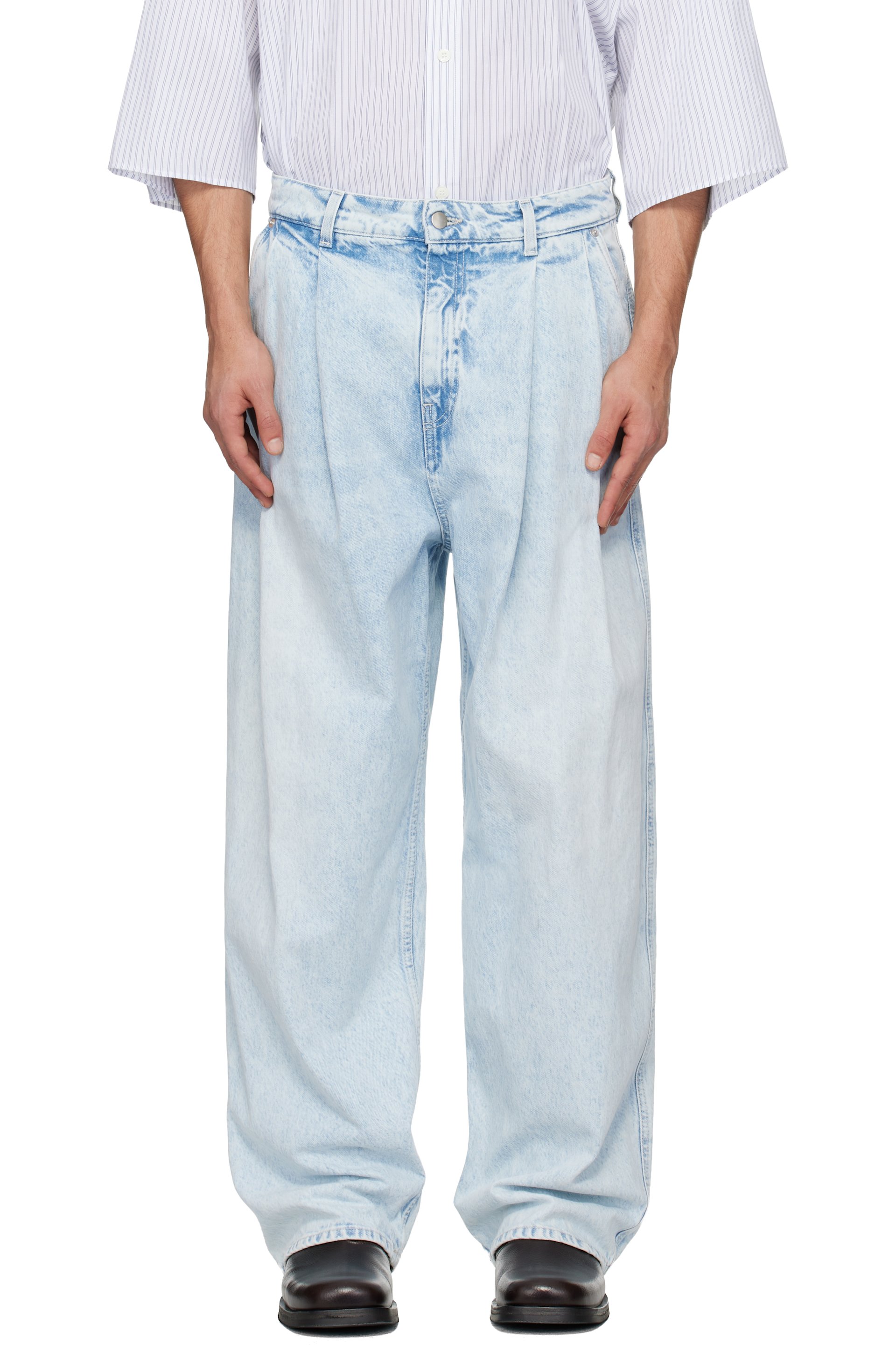Hed Mayner: Blue Light Wash Pleated Jeans | SSENSE Hed Mayner: Blue Light Wash Pleated Jeans | SSENSE