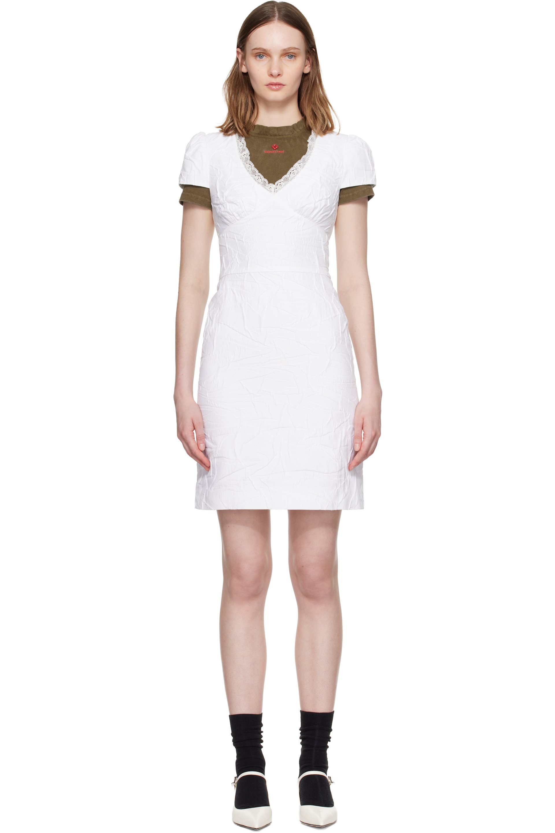 SHUSHU/TONG: White Lace Trim Sweetheart Neckline Midi Dress