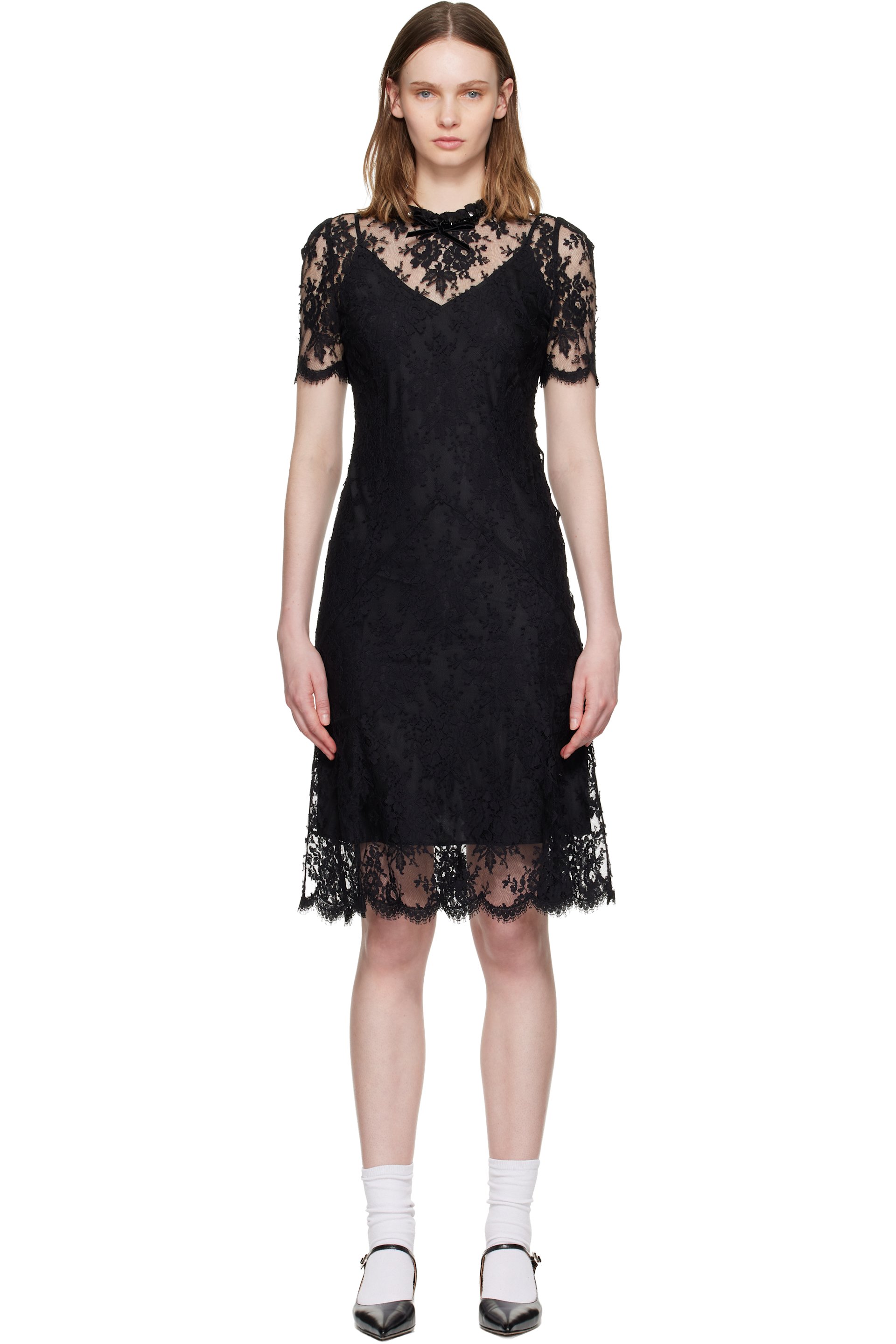 white puff sleeve lace dress Off White Silk Satin Short Sleeve Dress With Lace Details – Rodarte main image 1