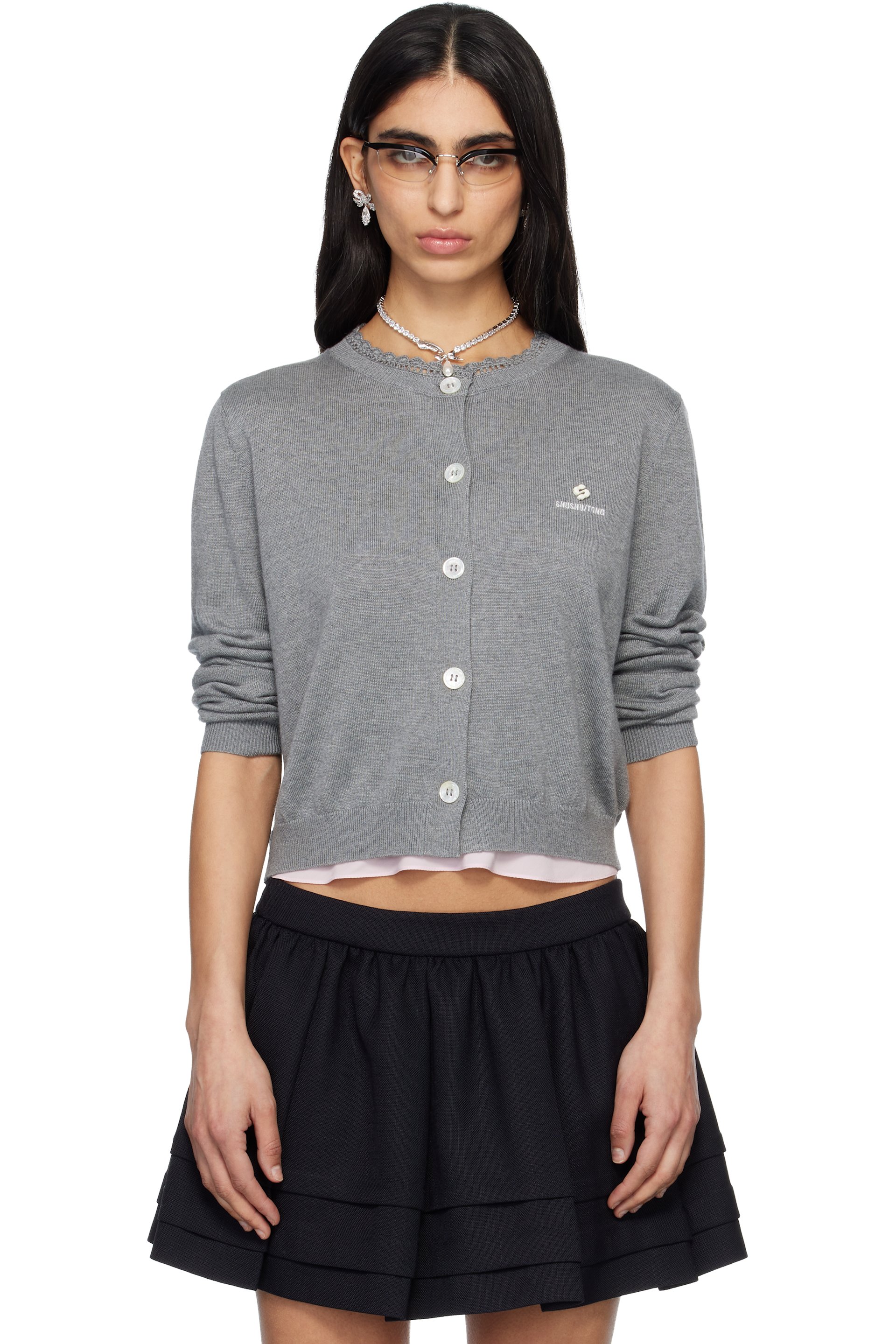 SHUSHU/TONG - Cardigan gris en tricot à logo brodé