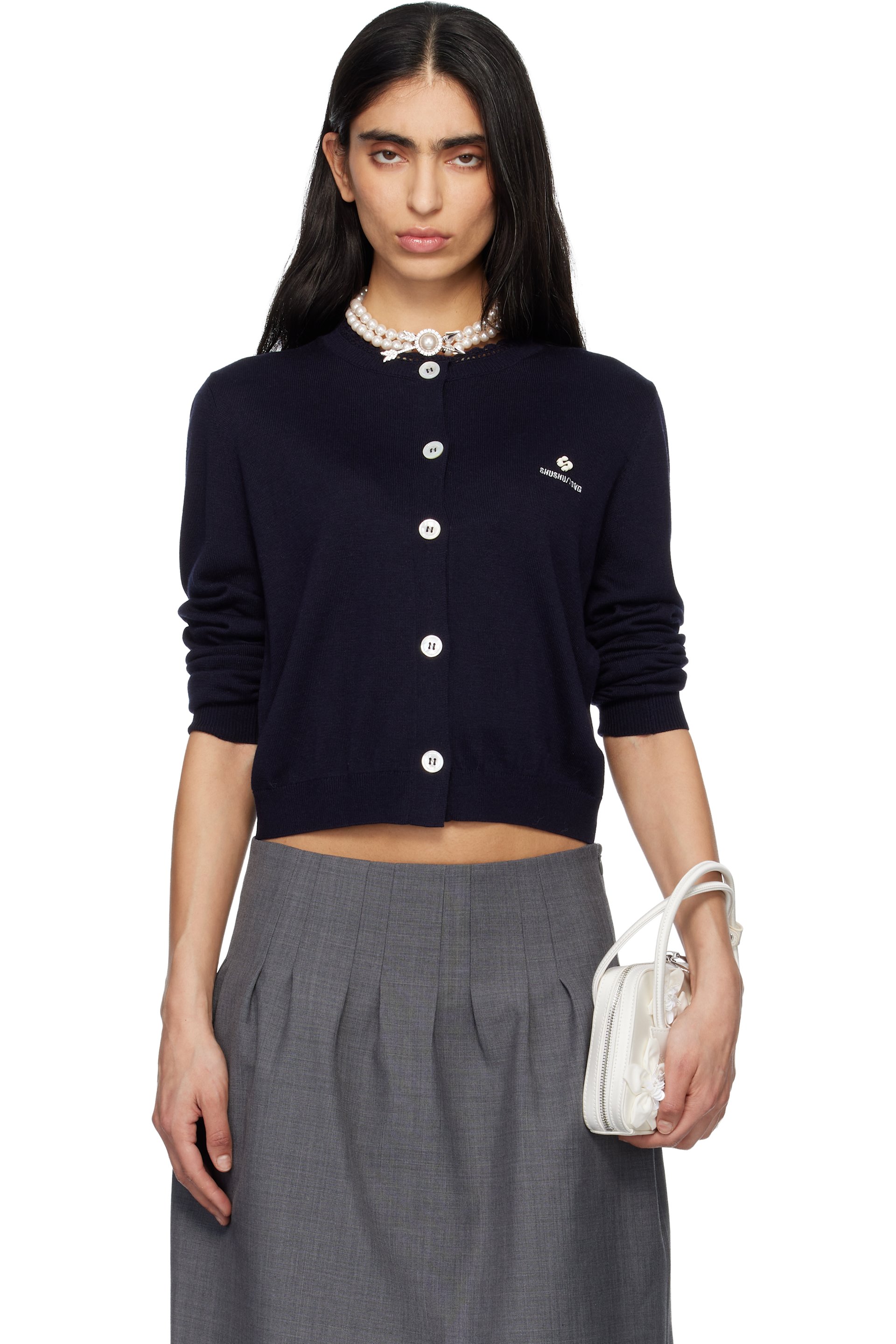SHUSHU/TONG - Cardigan bleu marine en tricot à logo brodé
