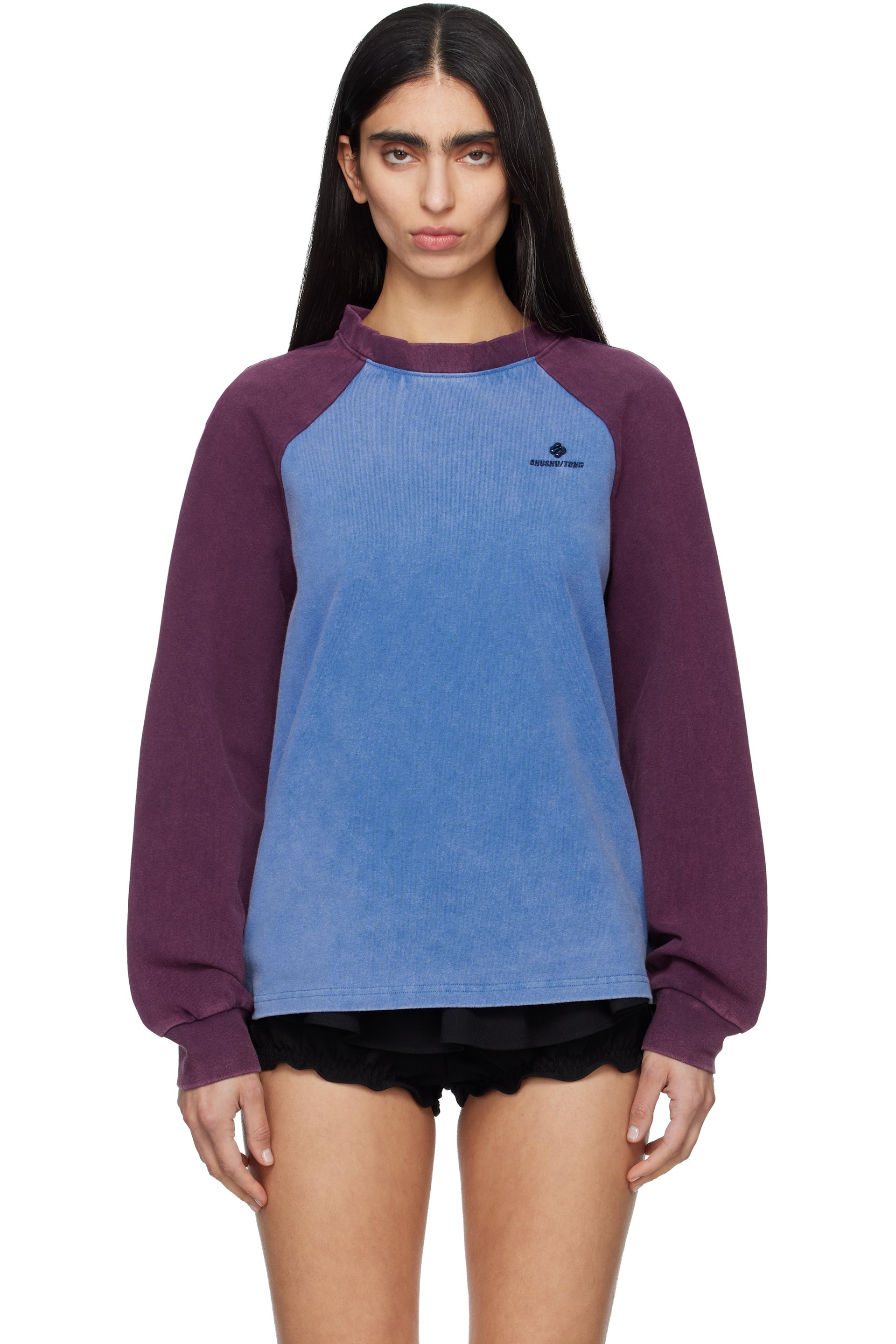 SHUSHU/TONG - T-shirt à manches longues bleu et bourgogne au col ras du cou