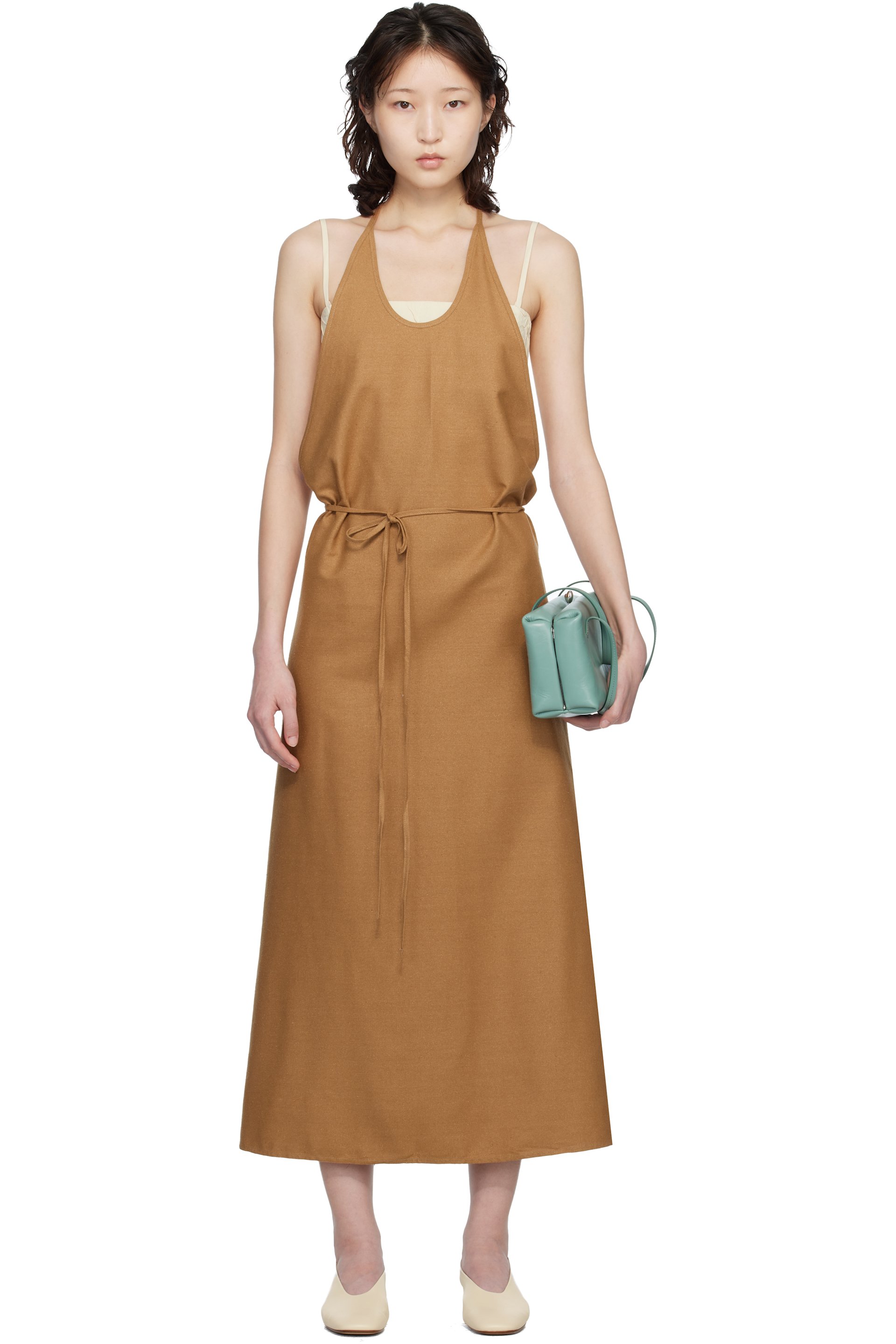 Baserange - Robe midi de style tablier brun clair en soie sauvage