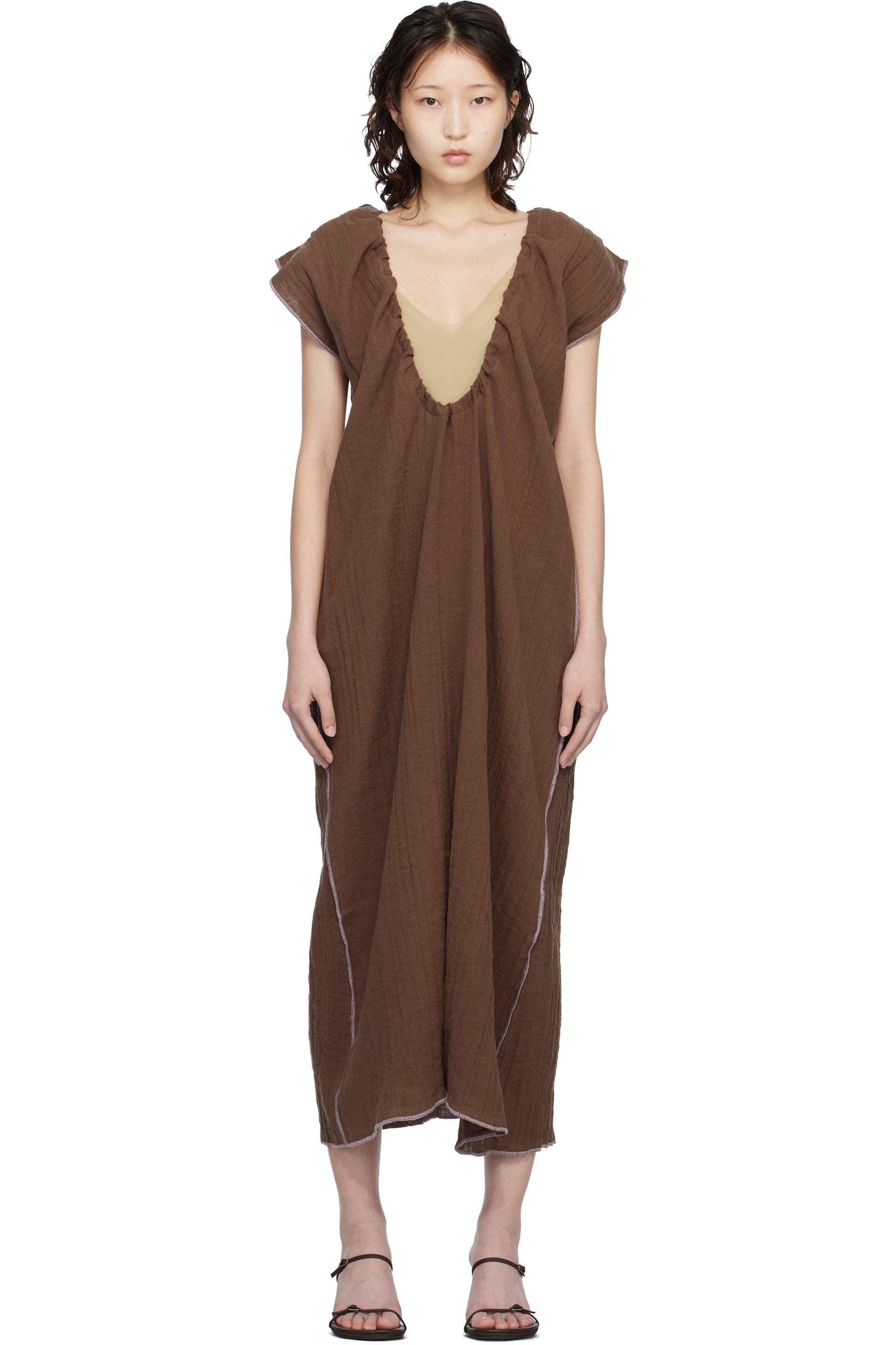 Baserange Brown Max Crinkle Linen Maxi Dress