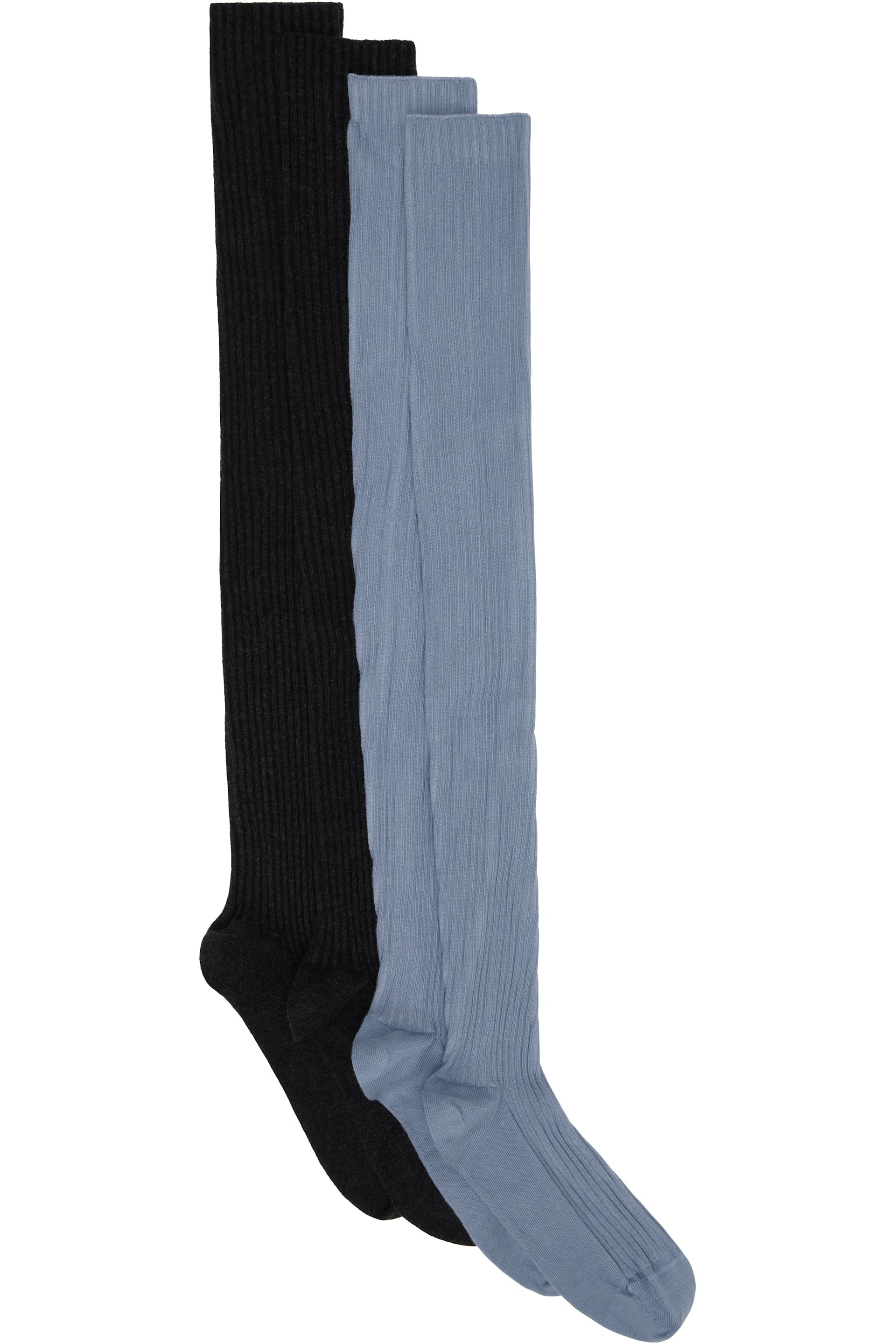 Baserange - Ensemble de deux paires de bas-cuissardes noire et bleue en tricot côtelé