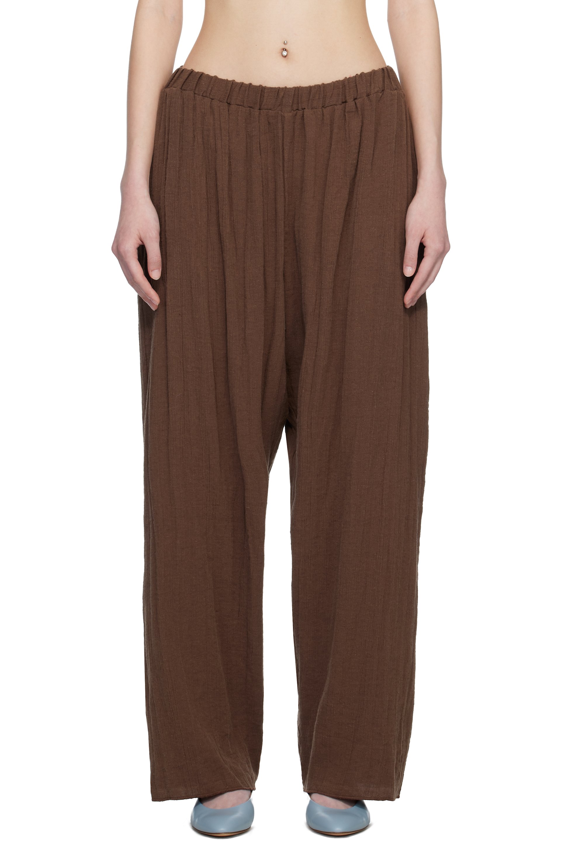 Baserange - Pantalon de détente Folio brun en lin froissé