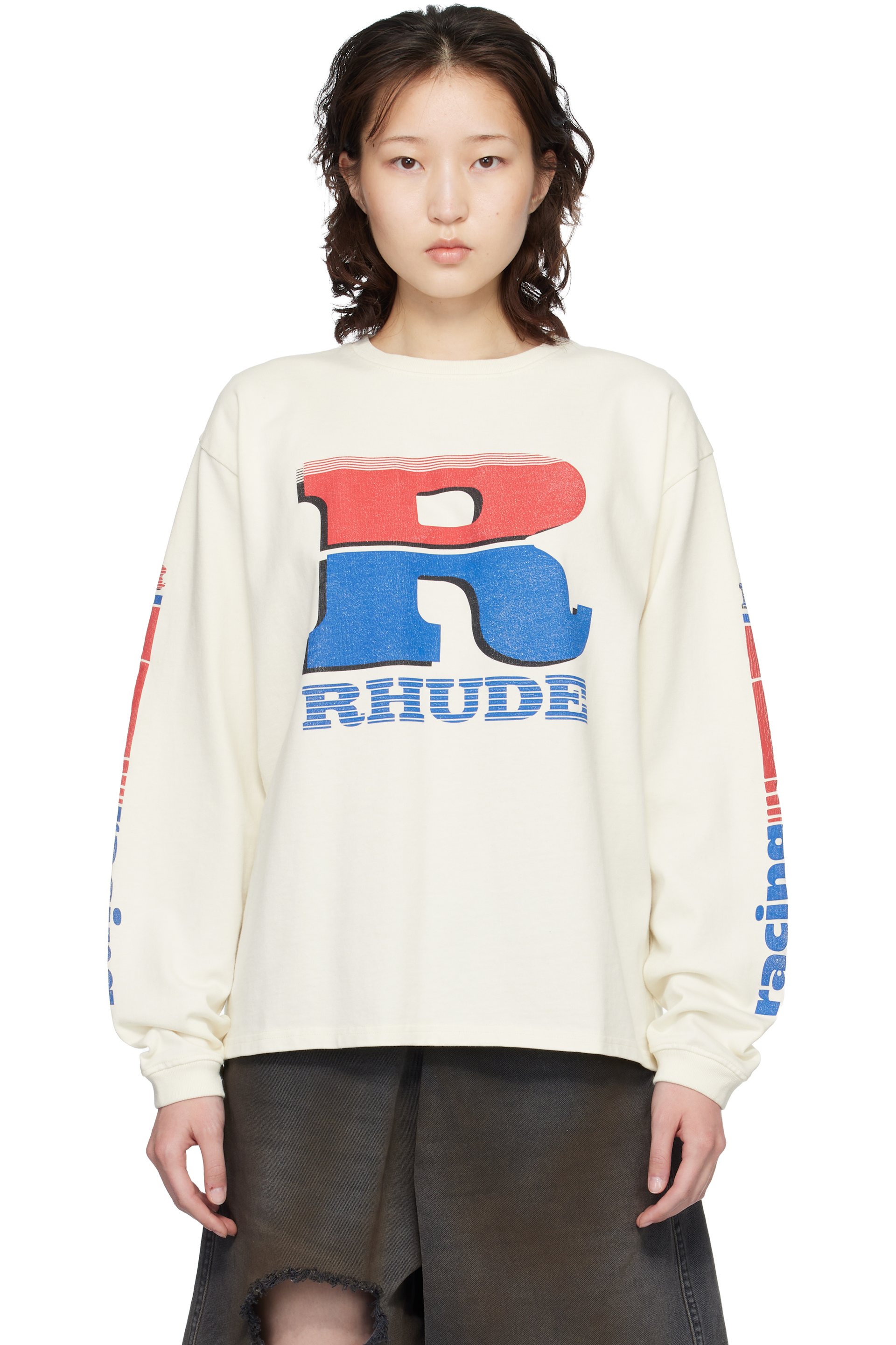 Rhude - T-shirt à manches longues blanc cassé à logo Split Petrol