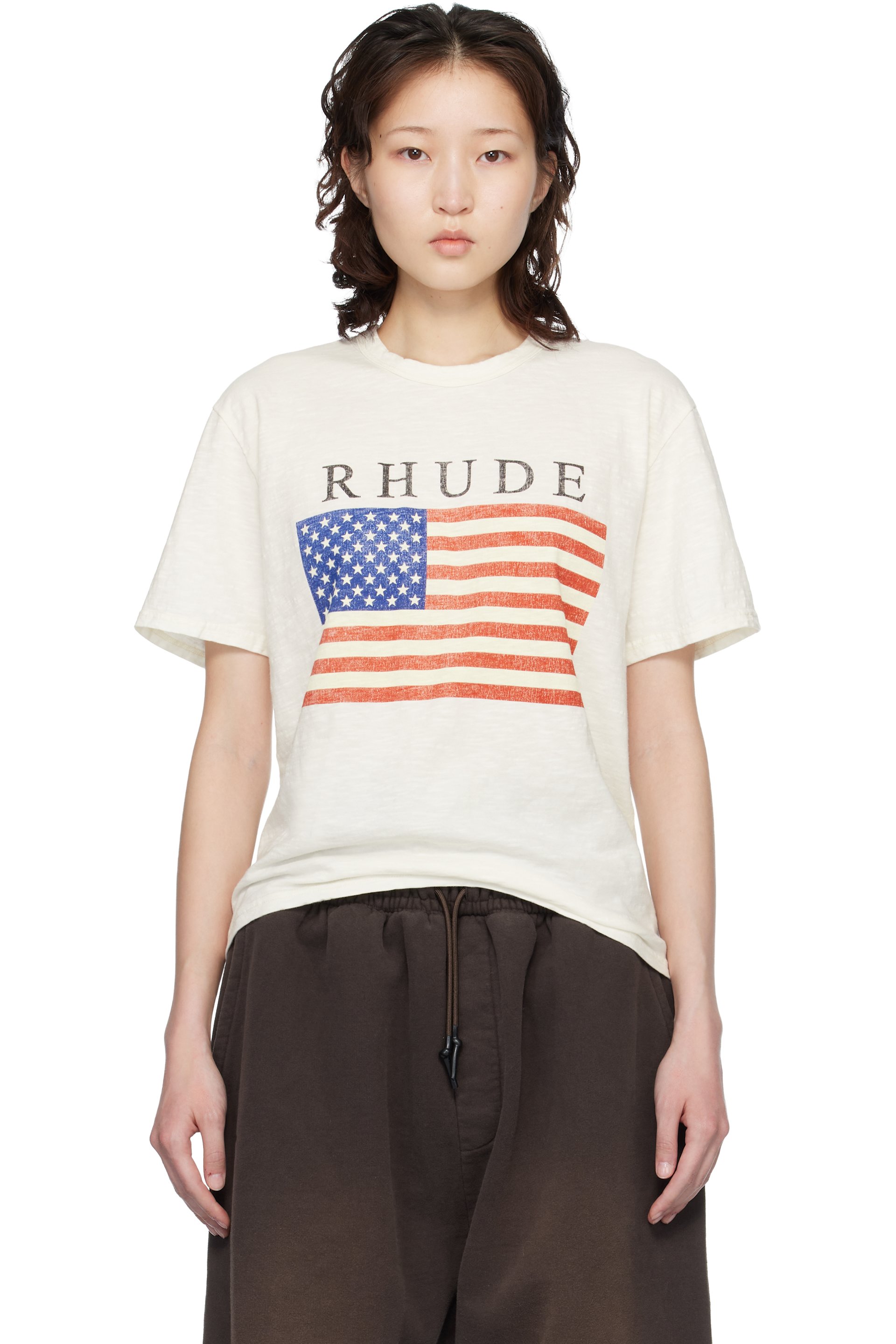 Rhude - T-shirt blanc cassé en coton flammé à logo