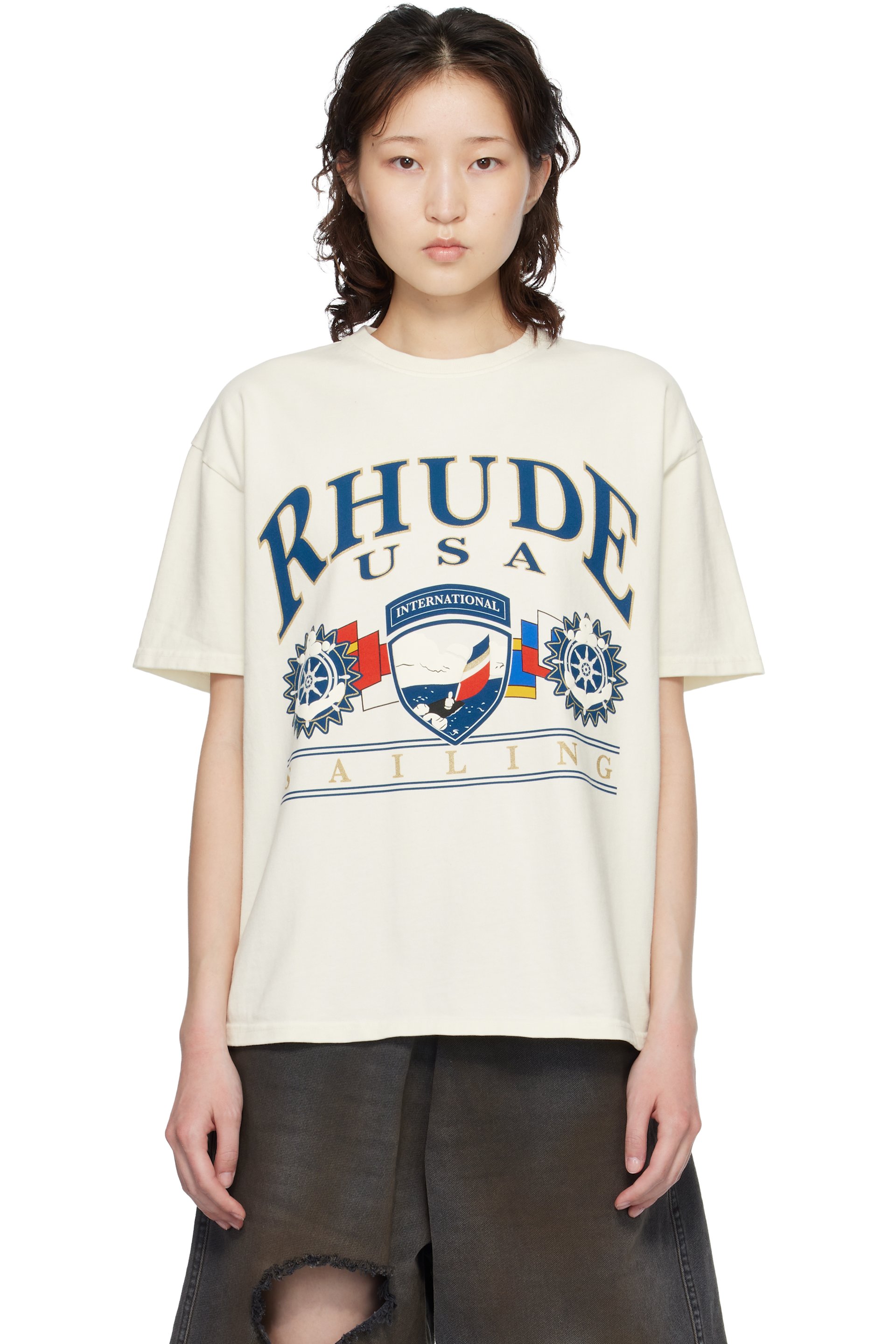 Rhude - T-shirt blanc cassé à logo