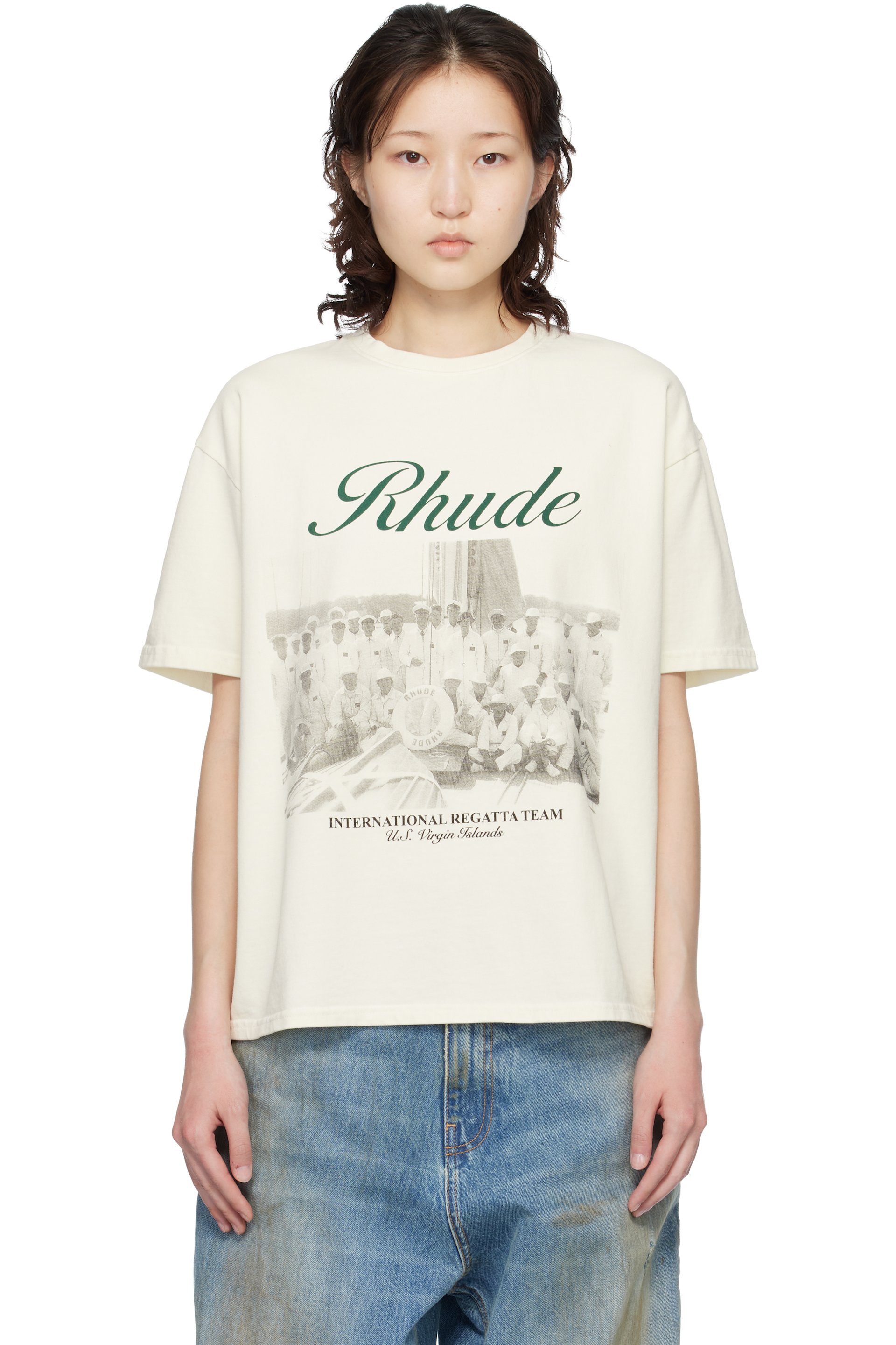 Rhude - T-shirt blanc cassé à imprimé Virgin Islands et à logo manuscrit