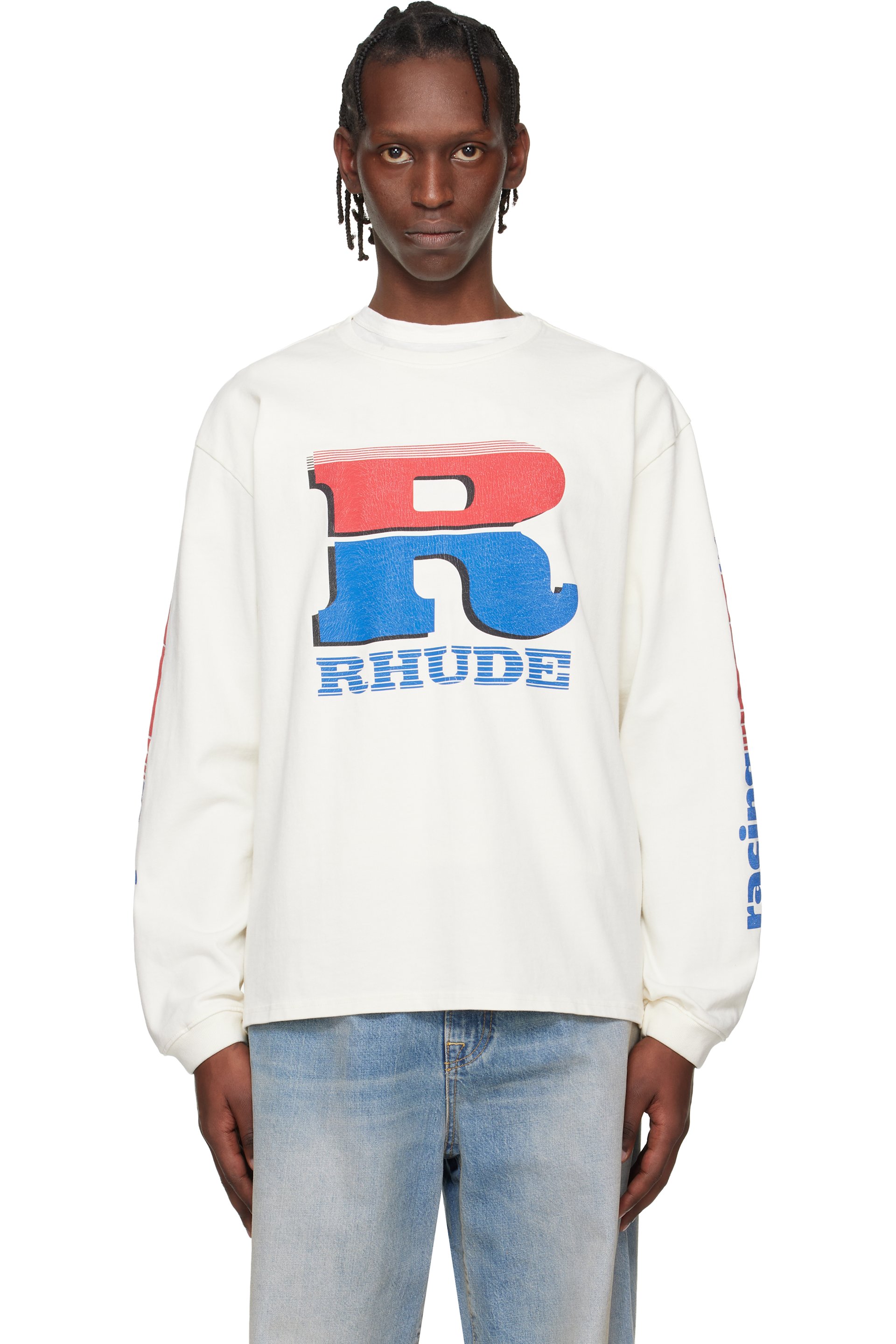 Rhude - Off-White Split Petrol Logo LS T-shirt