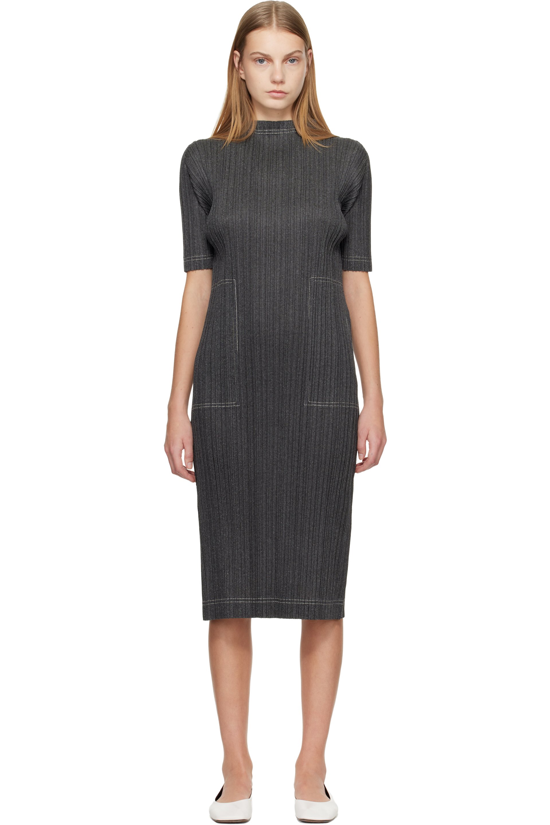 PLEATS PLEASE ISSEY MIYAKE - Robe midi grise en denim de coton